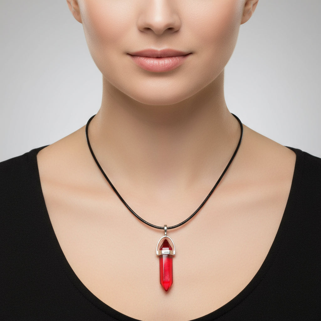 A red wax rope necklace with a silver chain and a teardrop-shaped crystal pendant.