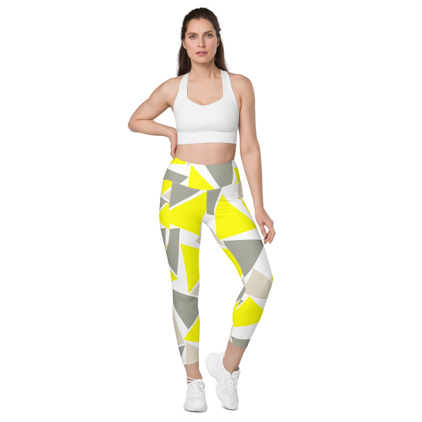 Yellow and Gray Triangle Design Leggings with Pockets