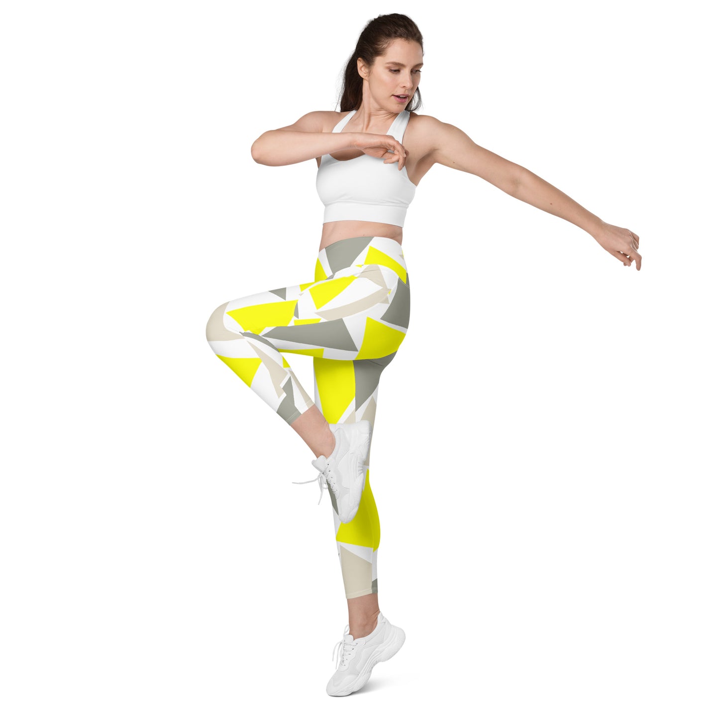 Yellow and Gray Triangle Design Leggings with Pockets