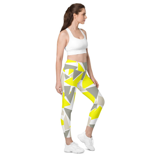 Yellow and Gray Triangle Design Leggings with Pockets