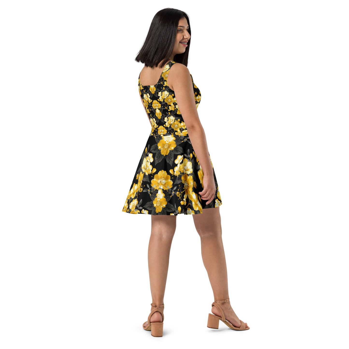 Black Yellow Roses Designed Skater Dress