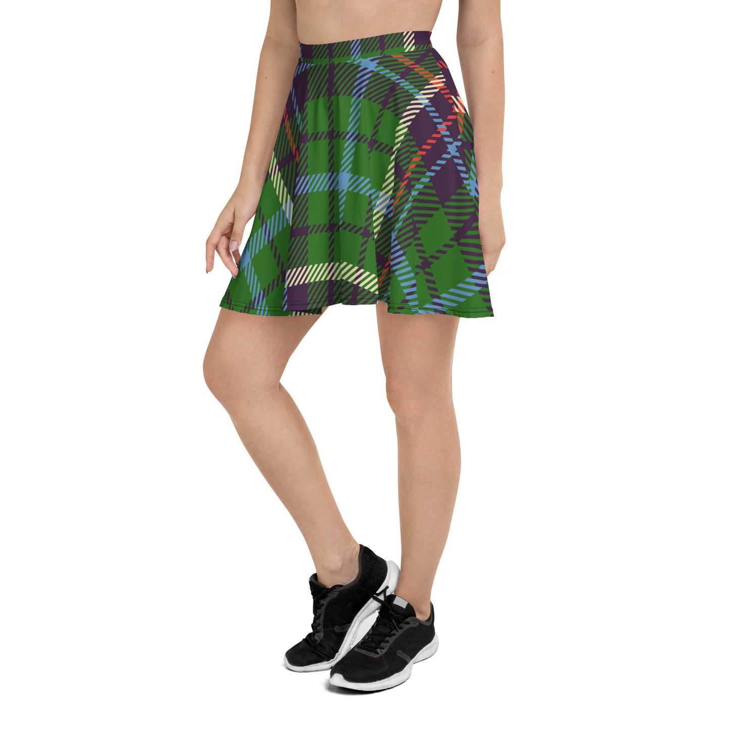 Green Multi-Color Plaid Skater Skirt