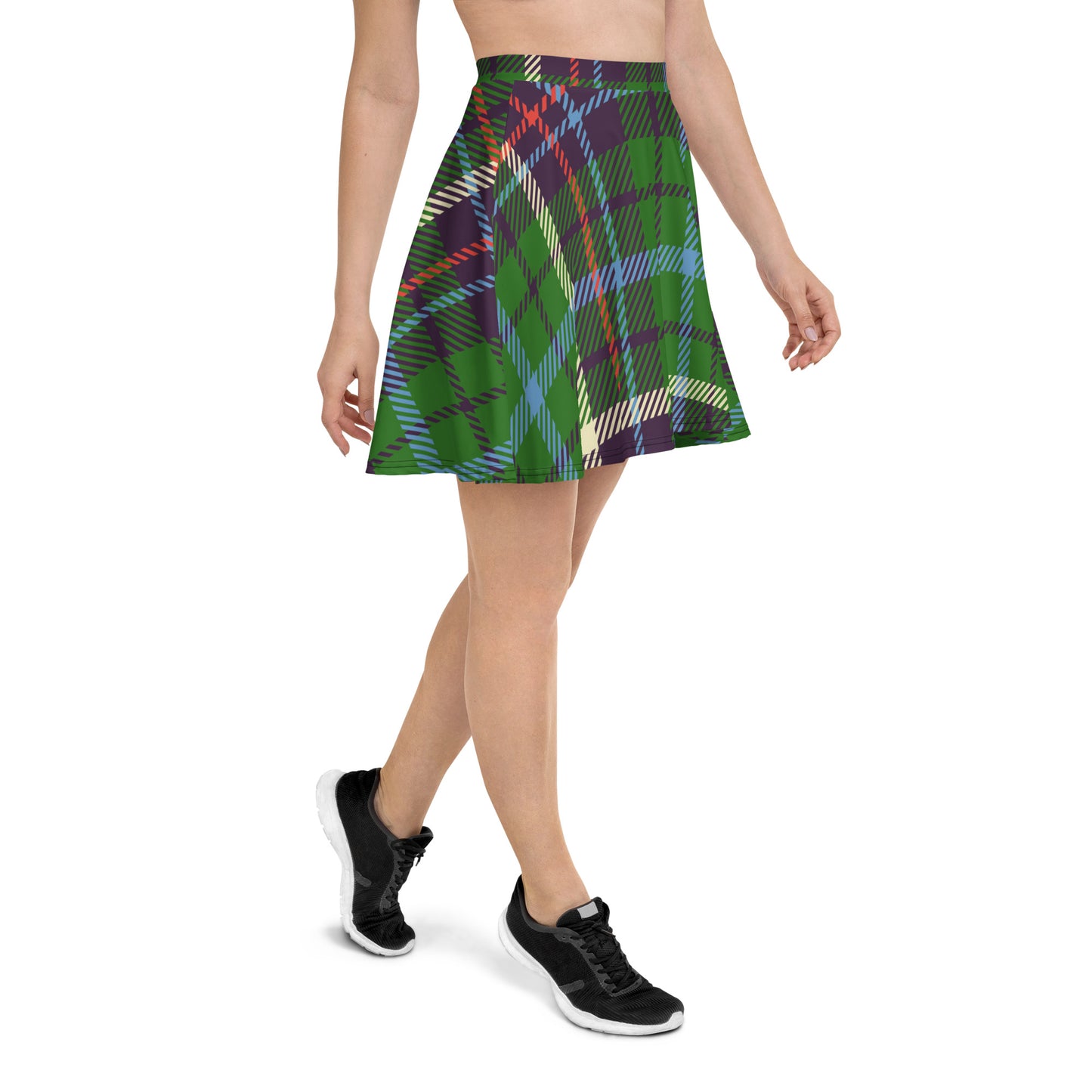 Green Multi-Color Plaid Skater Skirt