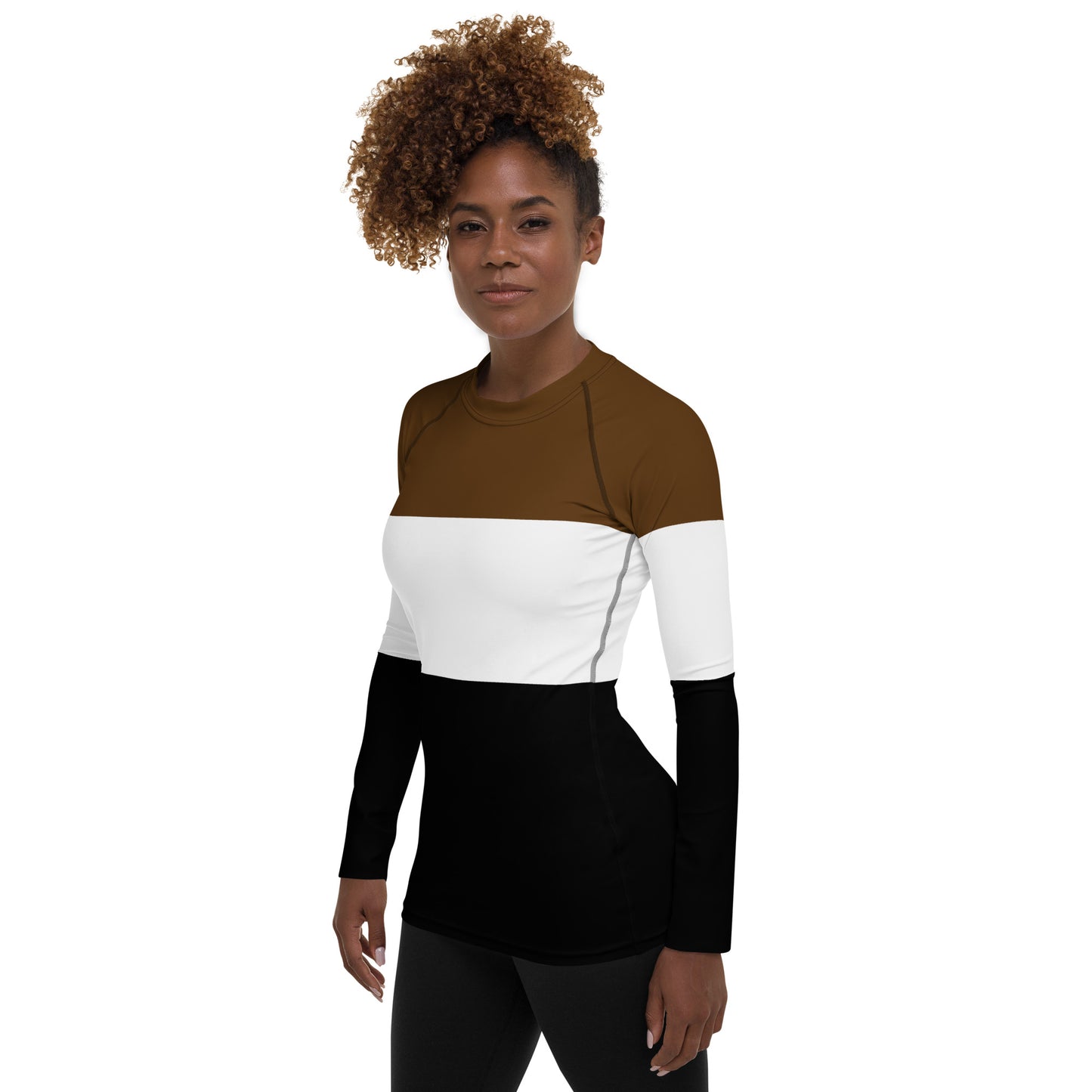 Brown, White, and Black Colorblock Rash Guard Long Sleeve Shirt