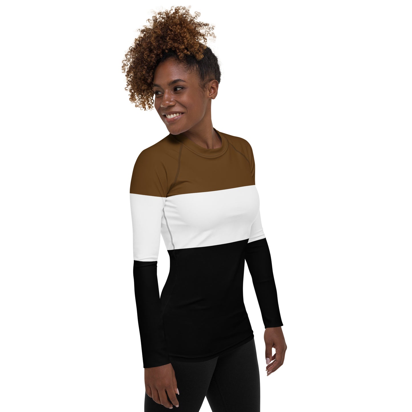 Brown, White, and Black Colorblock Rash Guard Long Sleeve Shirt