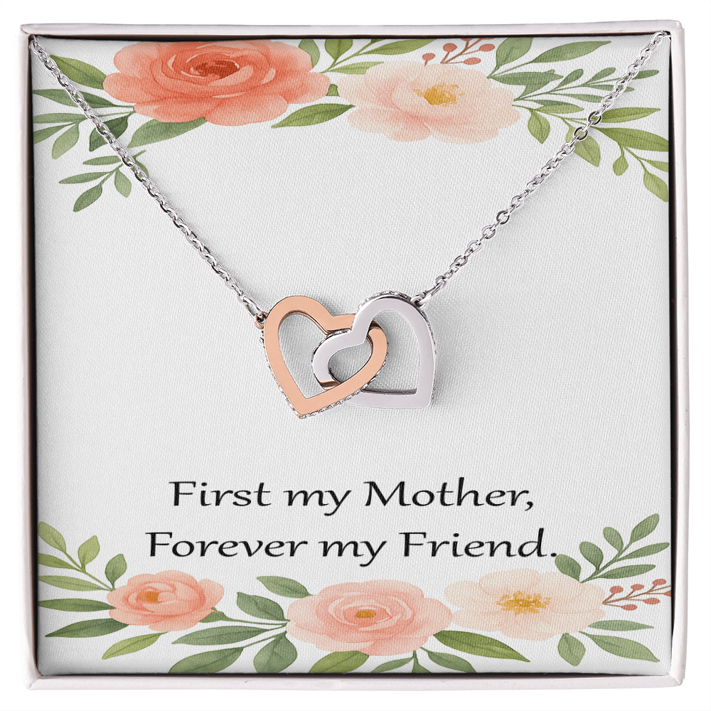 Mother's Day Gift – Double Heart Necklace with Message Card – “First My Mother, Forever My Friend” – Birthday or Mother Gift from Daughter or Son