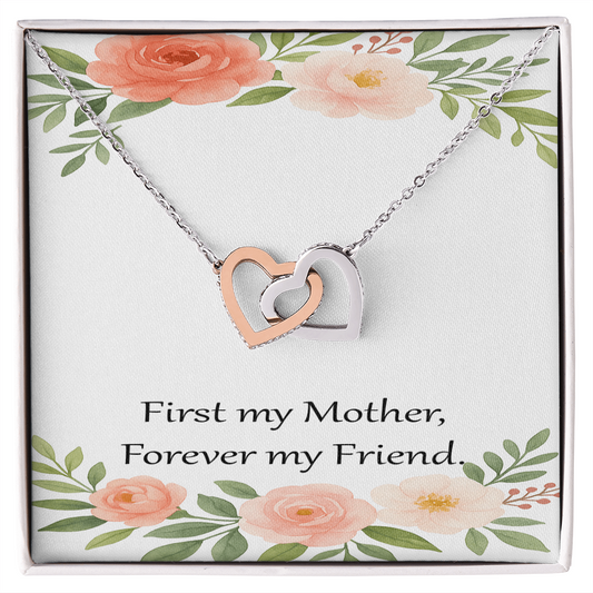 Mother's Day Gift – Double Heart Necklace with Message Card – “First My Mother, Forever My Friend” – Birthday or Mother Gift from Daughter or Son