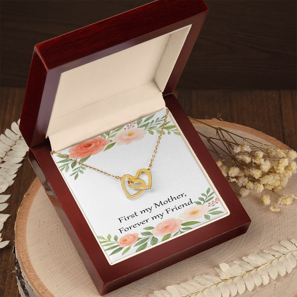 Mother's Day Gift – Double Heart Necklace with Message Card – “First My Mother, Forever My Friend” – Birthday or Mother Gift from Daughter or Son