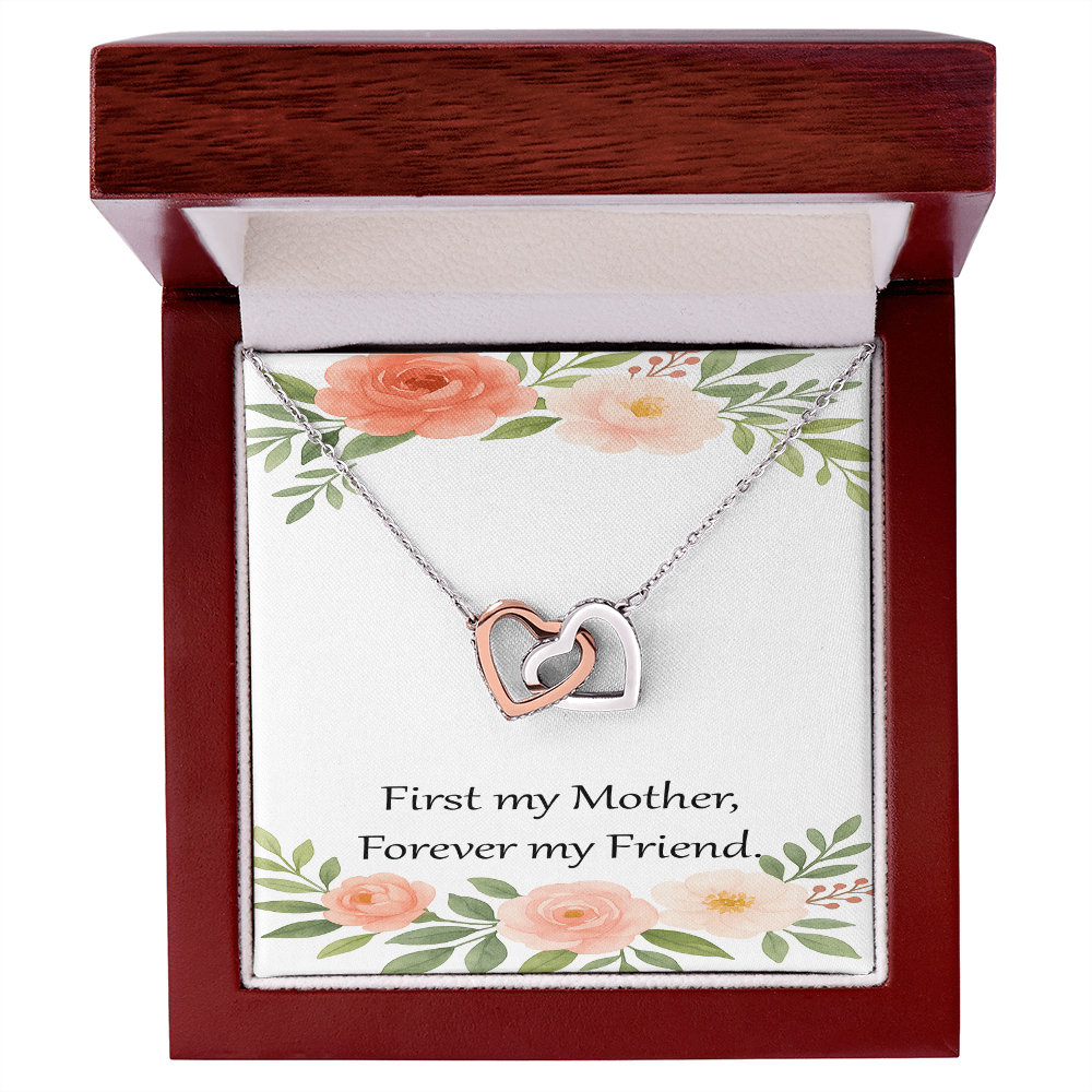 Mother's Day Gift – Double Heart Necklace with Message Card – “First My Mother, Forever My Friend” – Birthday or Mother Gift from Daughter or Son