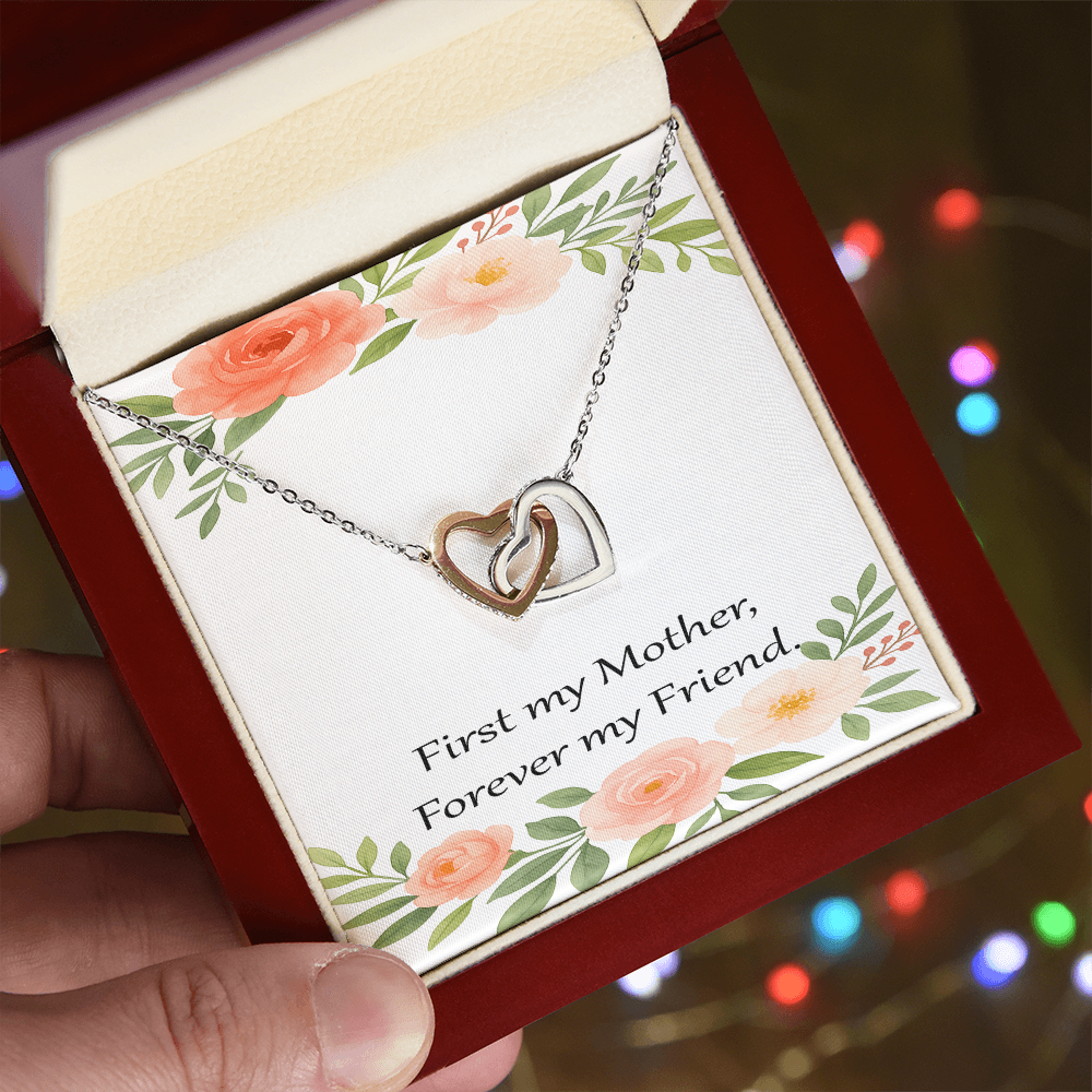 Mother's Day Gift – Double Heart Necklace with Message Card – “First My Mother, Forever My Friend” – Birthday or Mother Gift from Daughter or Son