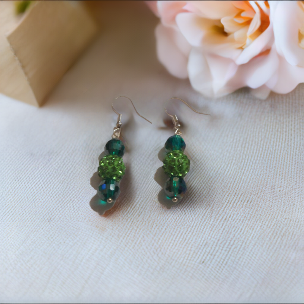 Green Beaded Dangle Earrings- One Of A Kind