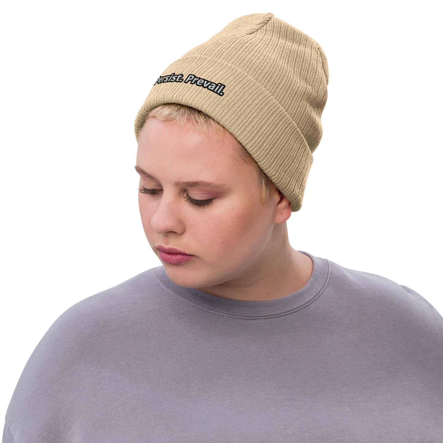 Persist Prevail Ribbed Knit Cuffed Beanie Hat