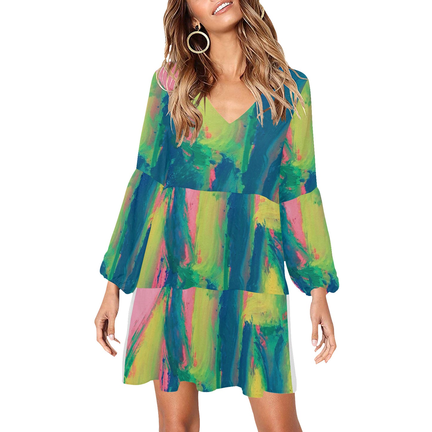 Green V Neck Casual Dress