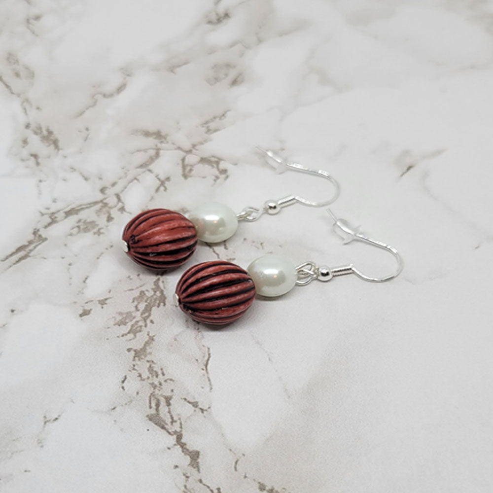 Round Pearl & Brown Beaded Dangle Earrings – Handmade Earth-Toned Drop Jewelry Gift for Her