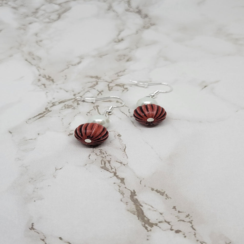 Round Pearl & Brown Beaded Dangle Earrings – Handmade Earth-Toned Drop Jewelry Gift for Her