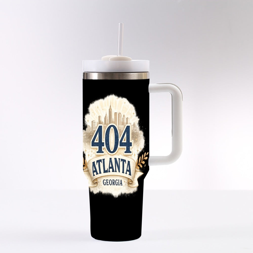 404 Atlanta GA Black 40oz Insulated Travel Tumbler with Handle | Stainless Steel Hometown Mug