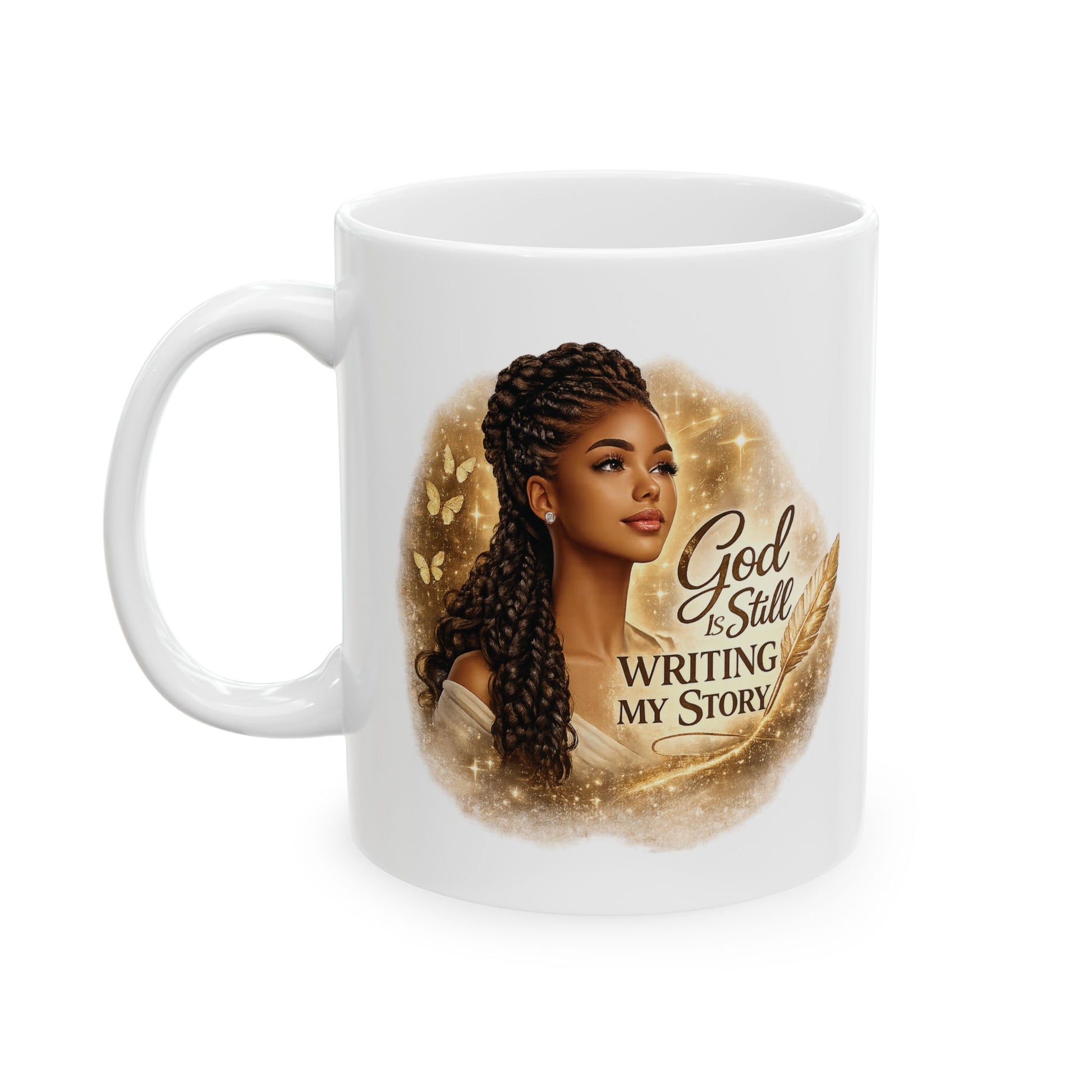 White mug with a design of a woman with braided hair and text 'God is Still Writing My Story' on a white background.