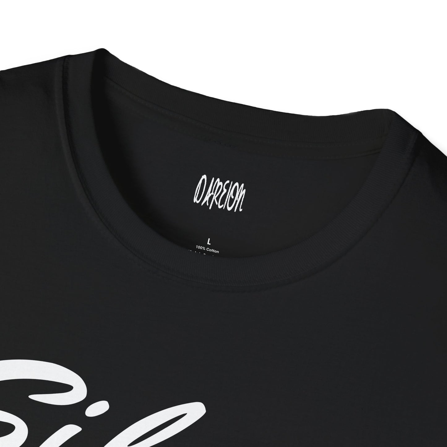 Black t-shirt with white text and a brand logo on a white background