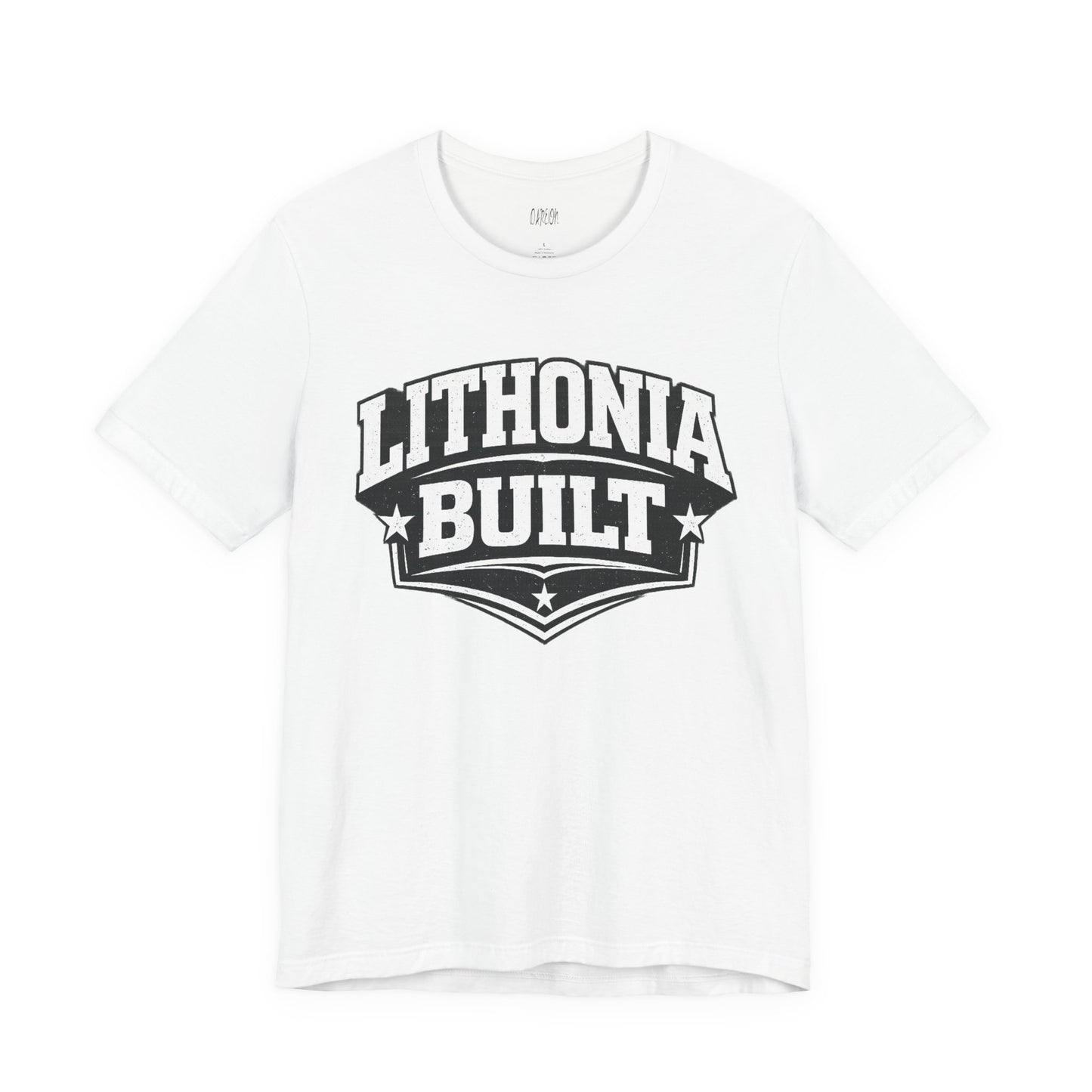 White t-shirt with 'Lithonia Built' text on a white background