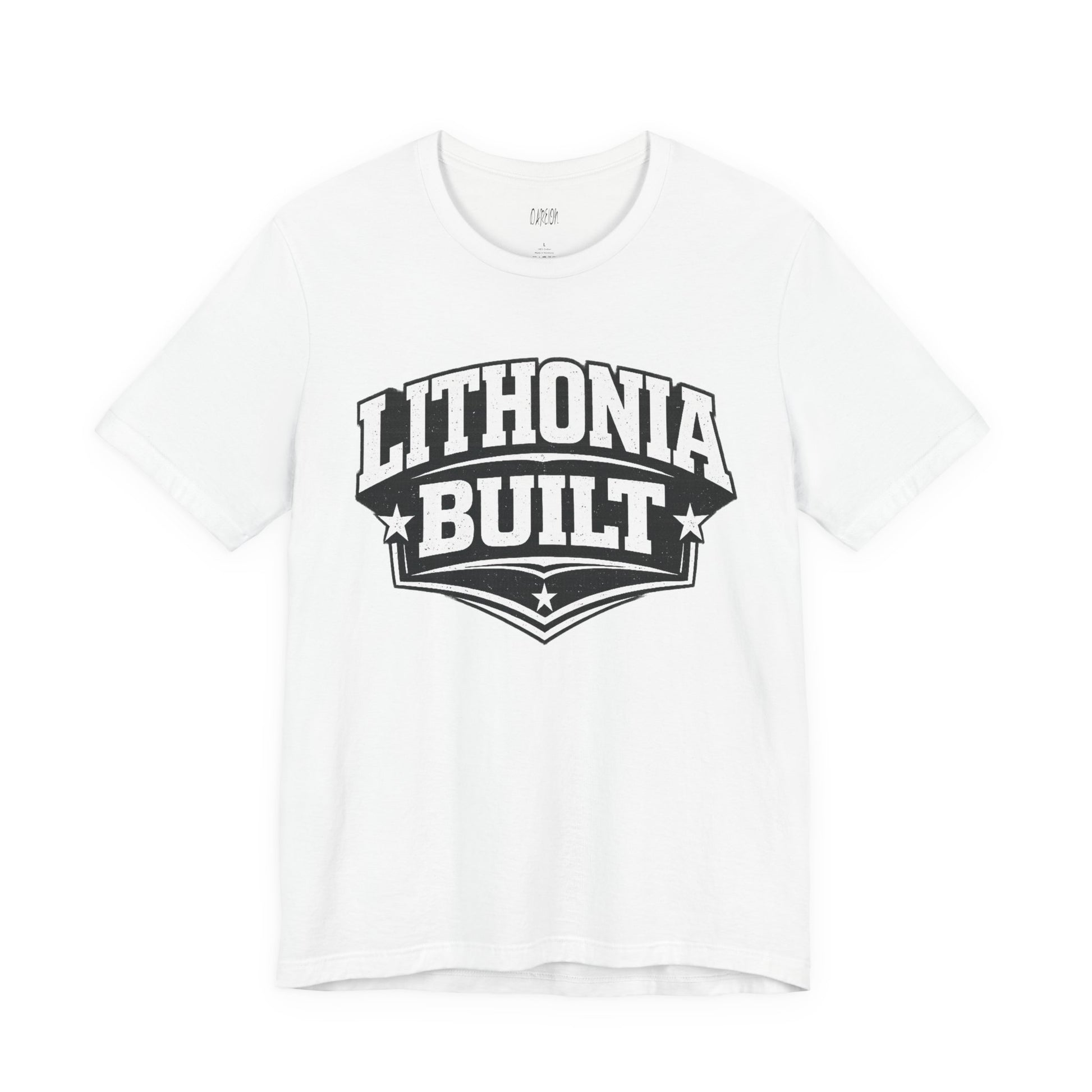 White t-shirt with 'Lithonia Built' text on a white background