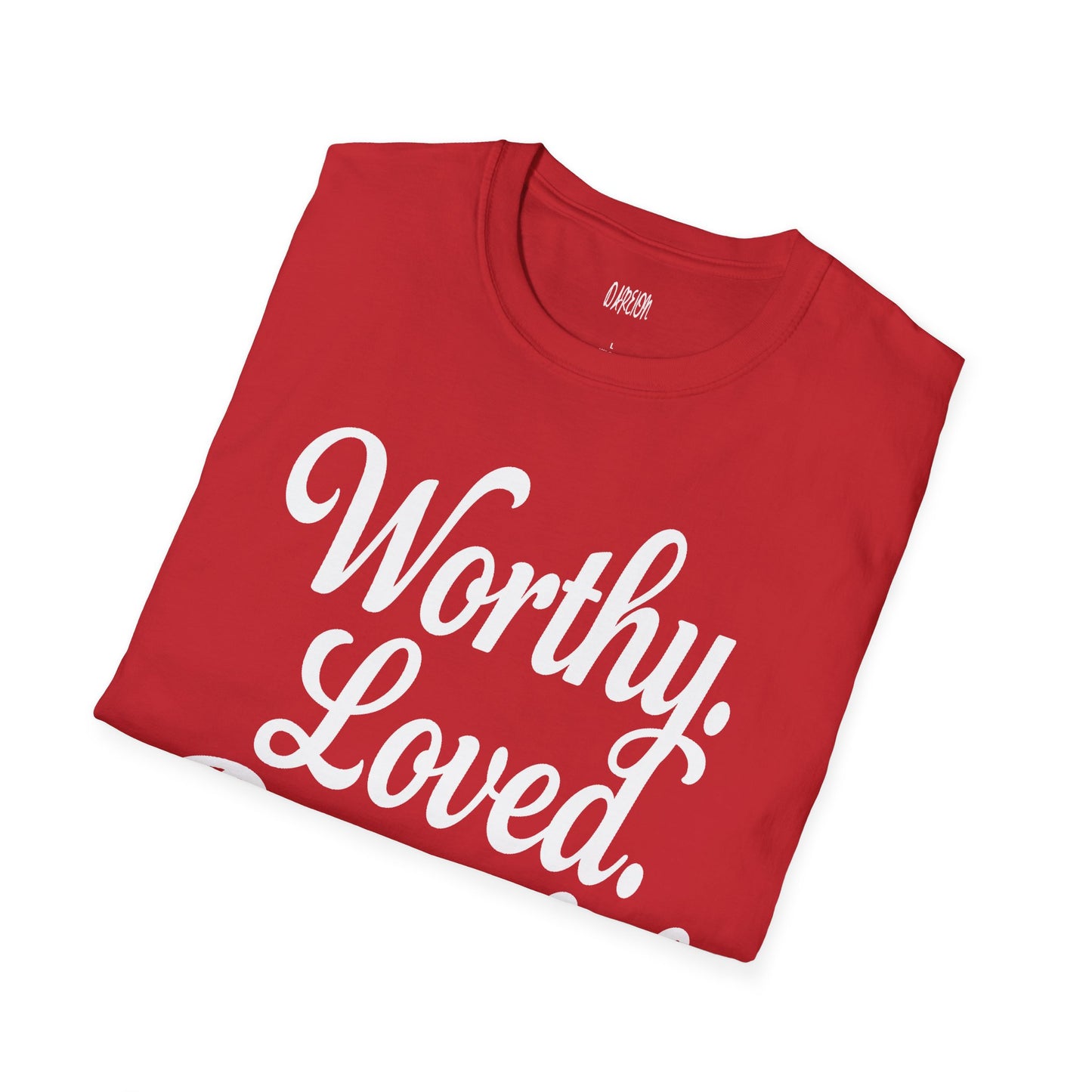 Red t-shirt with 'Worthy Loved' text on a white background