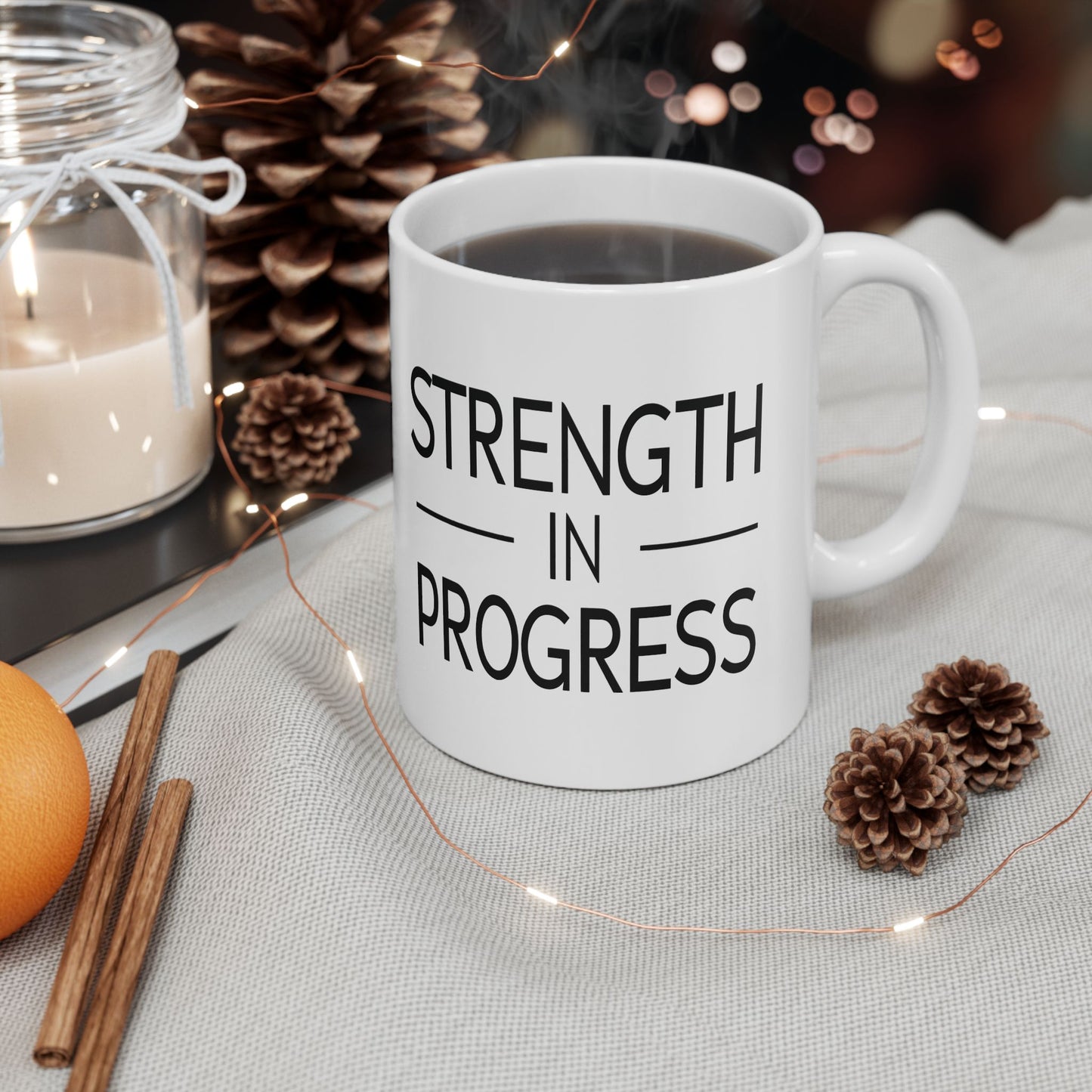 Inspirational Ceramic Mug - Strength in Progress - Perfect Gift for Fitness Enthusiasts