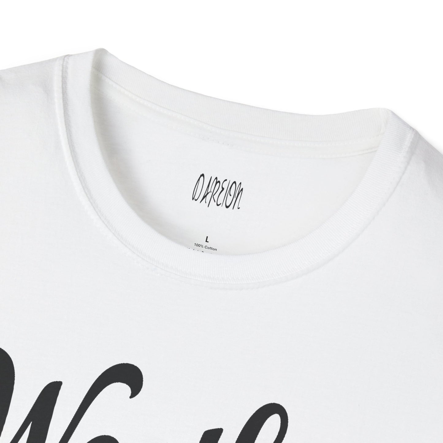 White t-shirt with black text and a visible brand logo on a white background