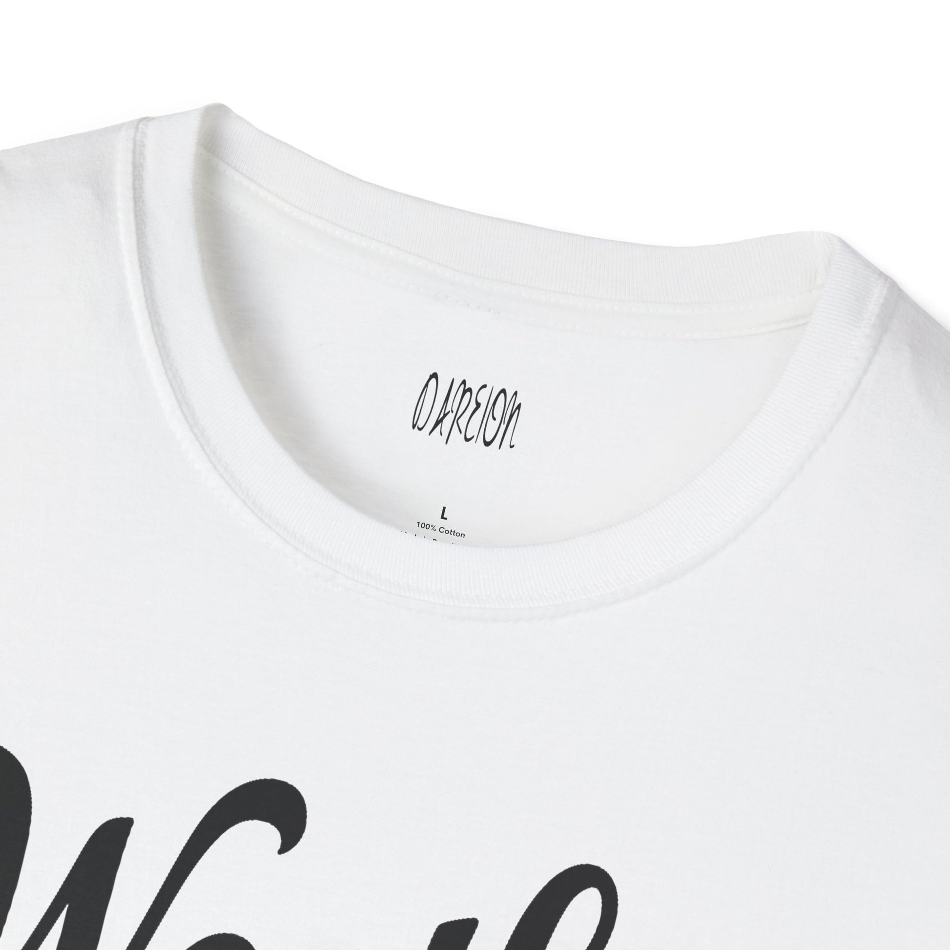 White t-shirt with black text and a visible brand logo on a white background