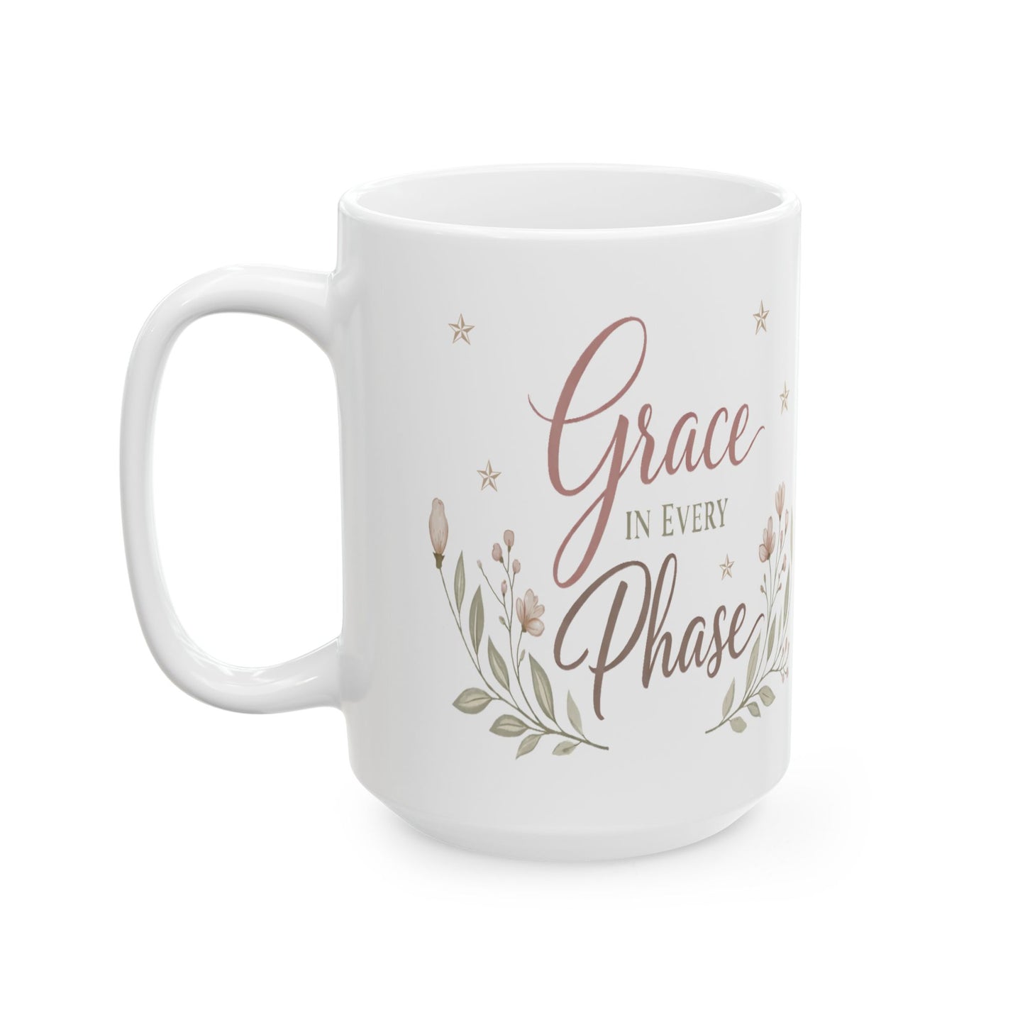 White mug with 'Grace in Every Phase' text and floral design on a white background