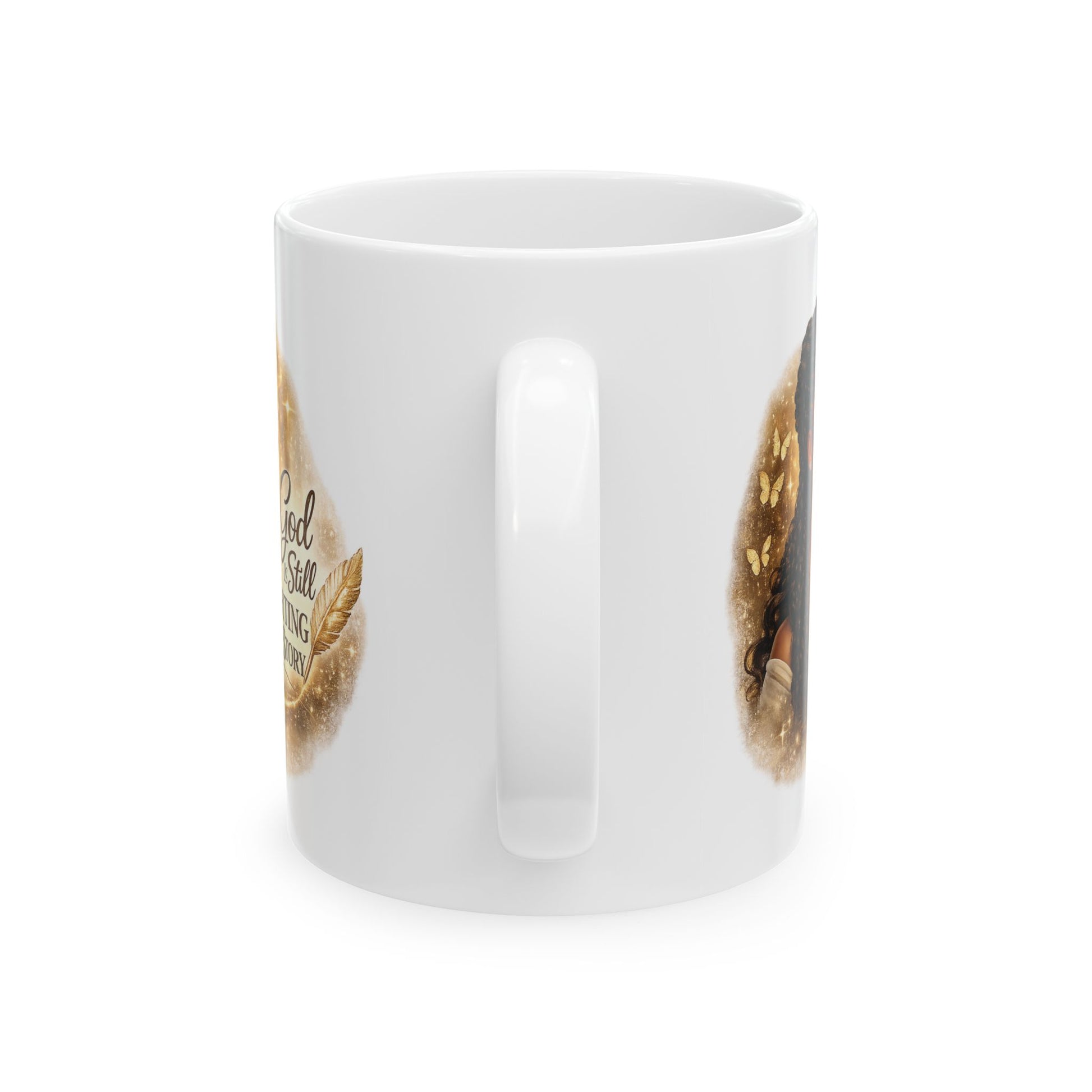 White mug with a printed design on a white background