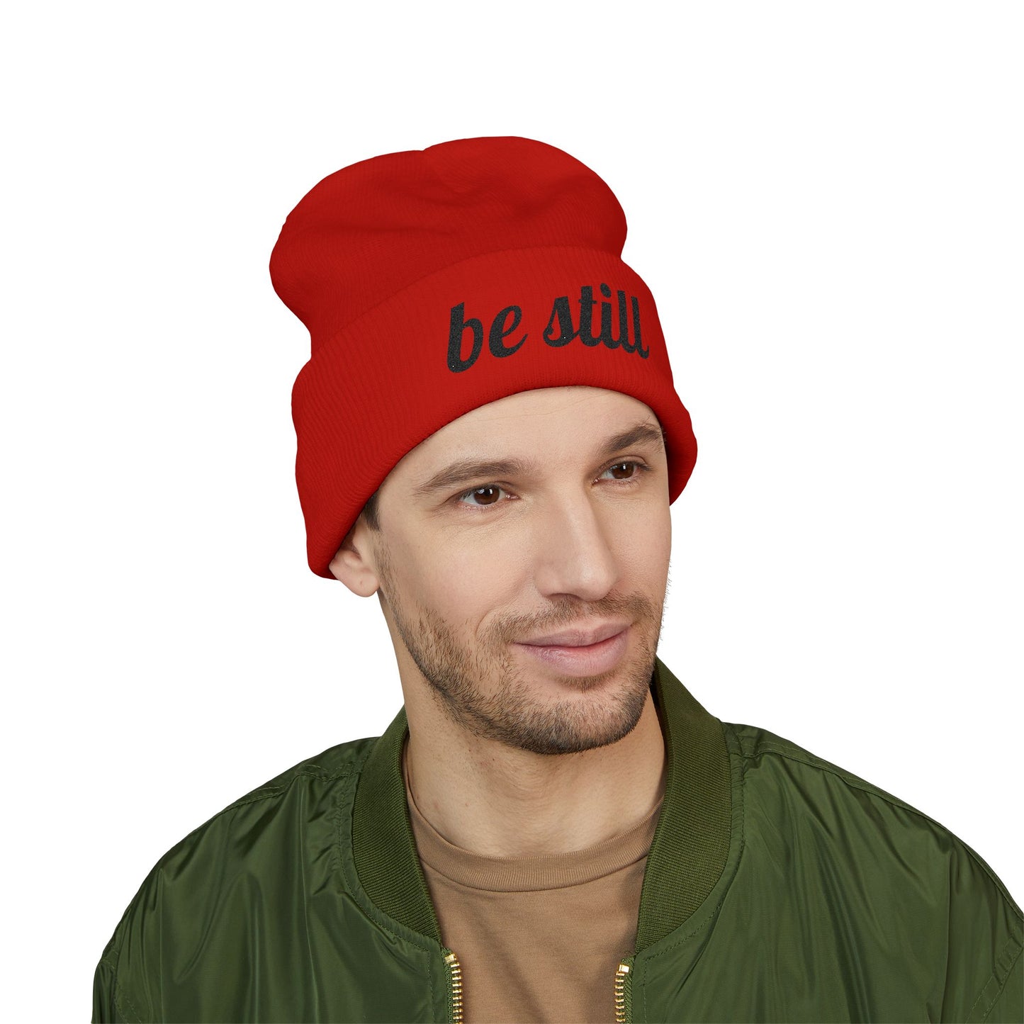 Be Still Embroidered Beanie – Minimalist Faith-Inspired Cuffed Knit Hat for Women & Men