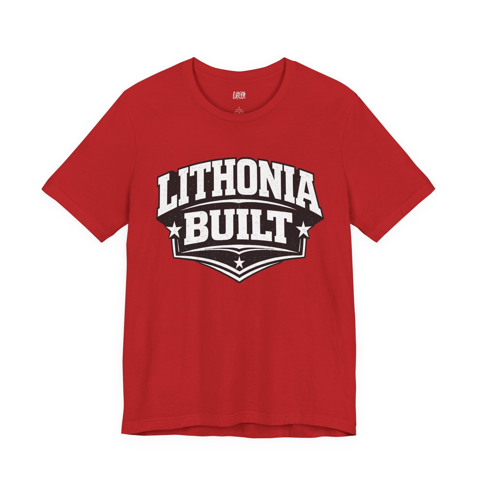 Red t-shirt with 'Lithonia Built' text on a white background