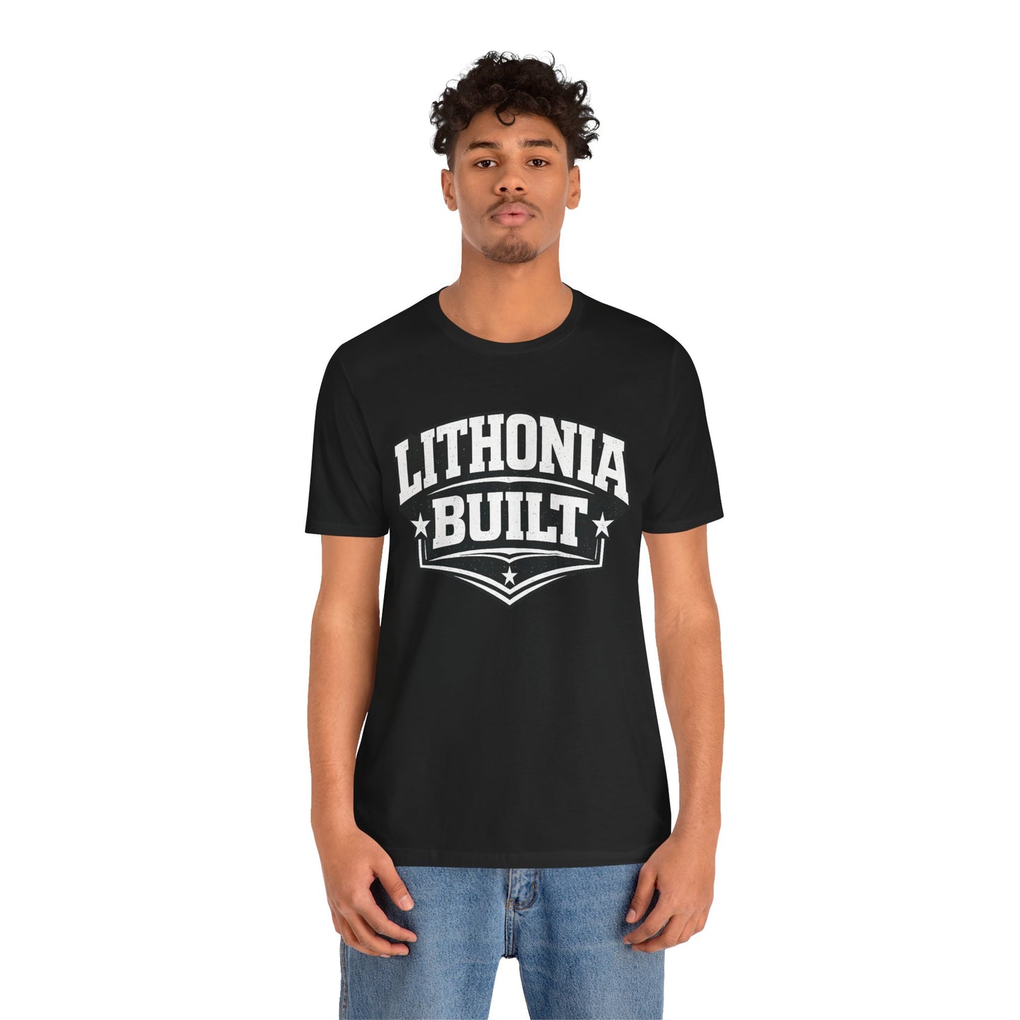 Person wearing a black t-shirt with 'Lithonia Built' text on a white background