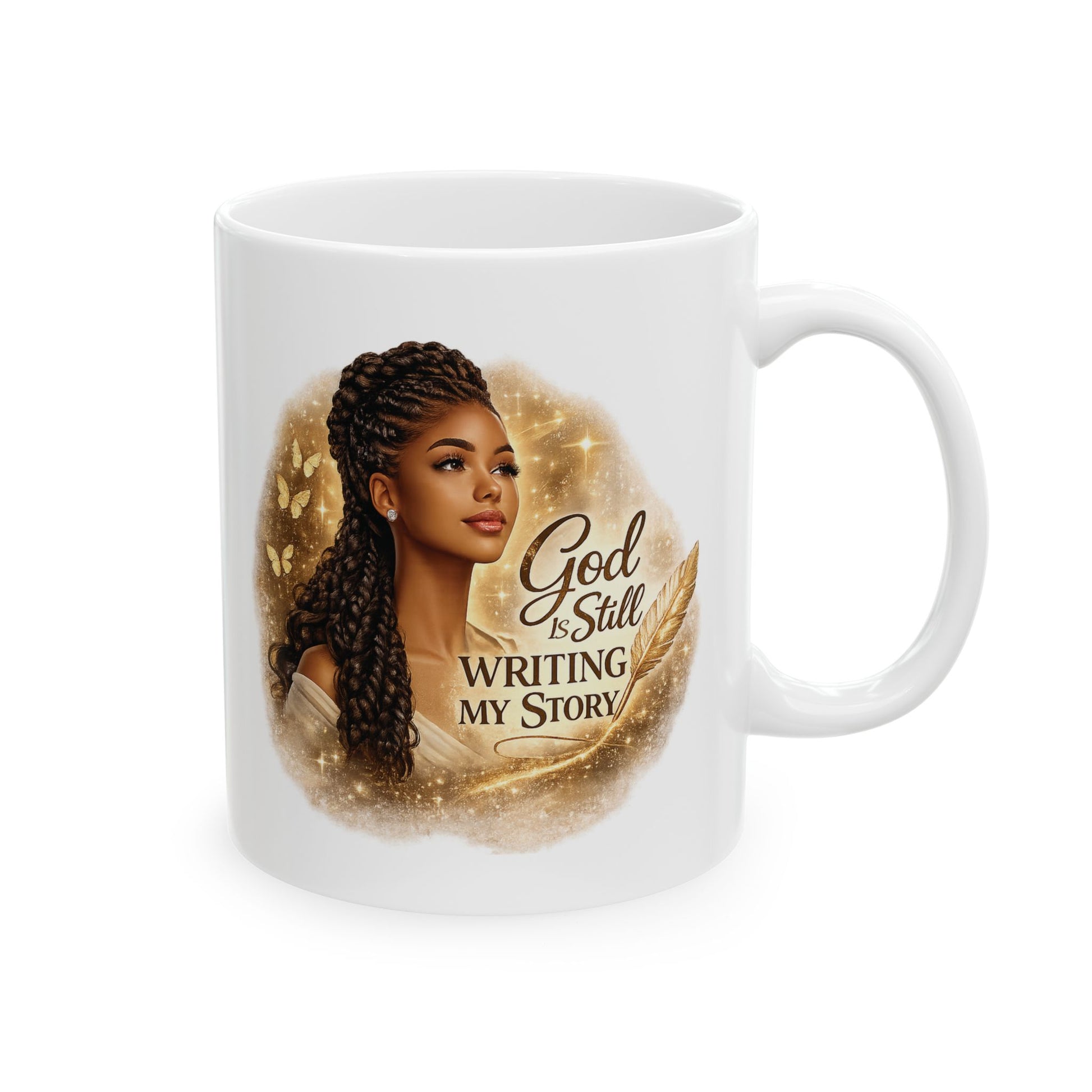 White mug with a design of a woman with braided hair and text 'God is Still Writing My Story' on a white background