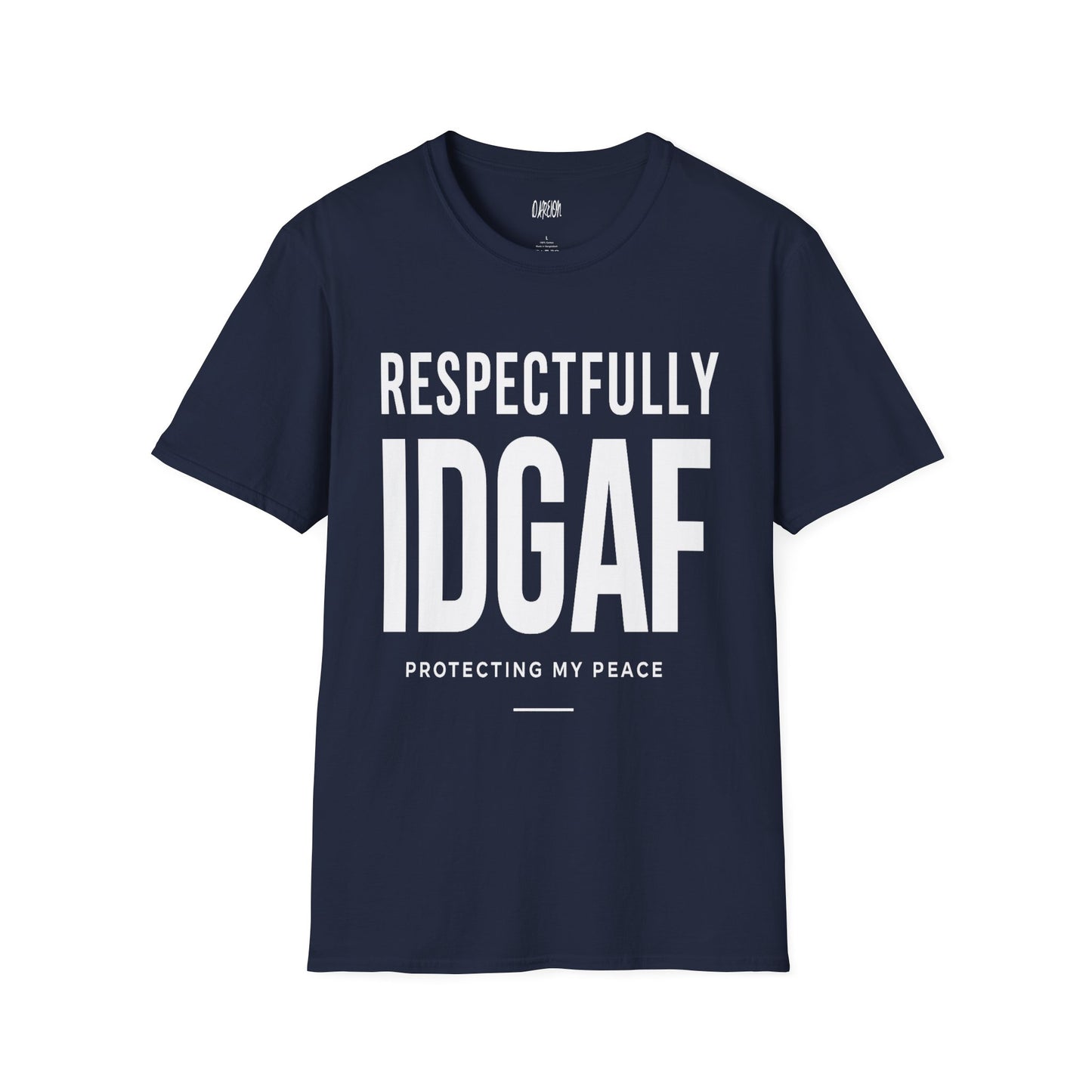 Navy blue t-shirt with white text on a white background