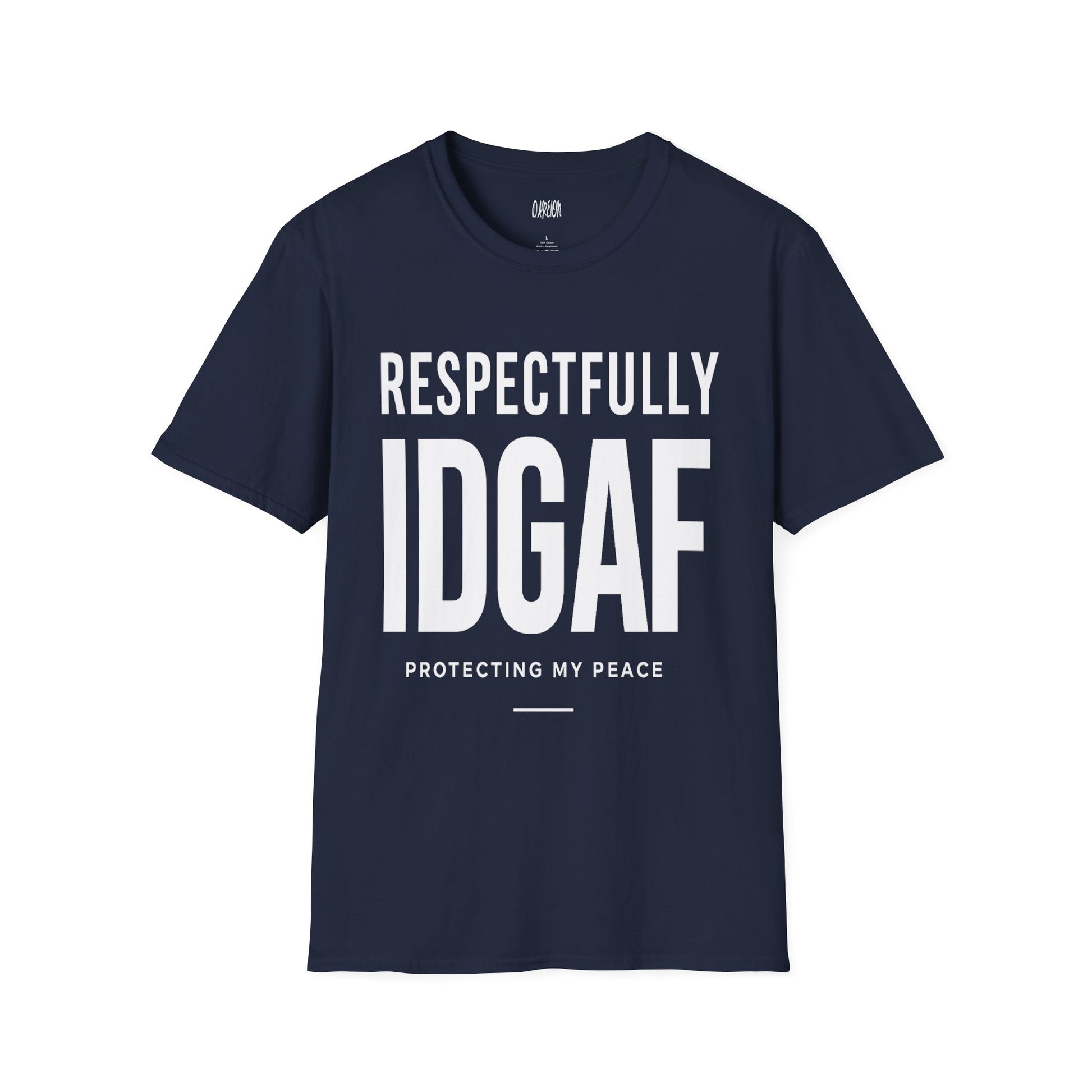 Navy blue t-shirt with white text on a white background