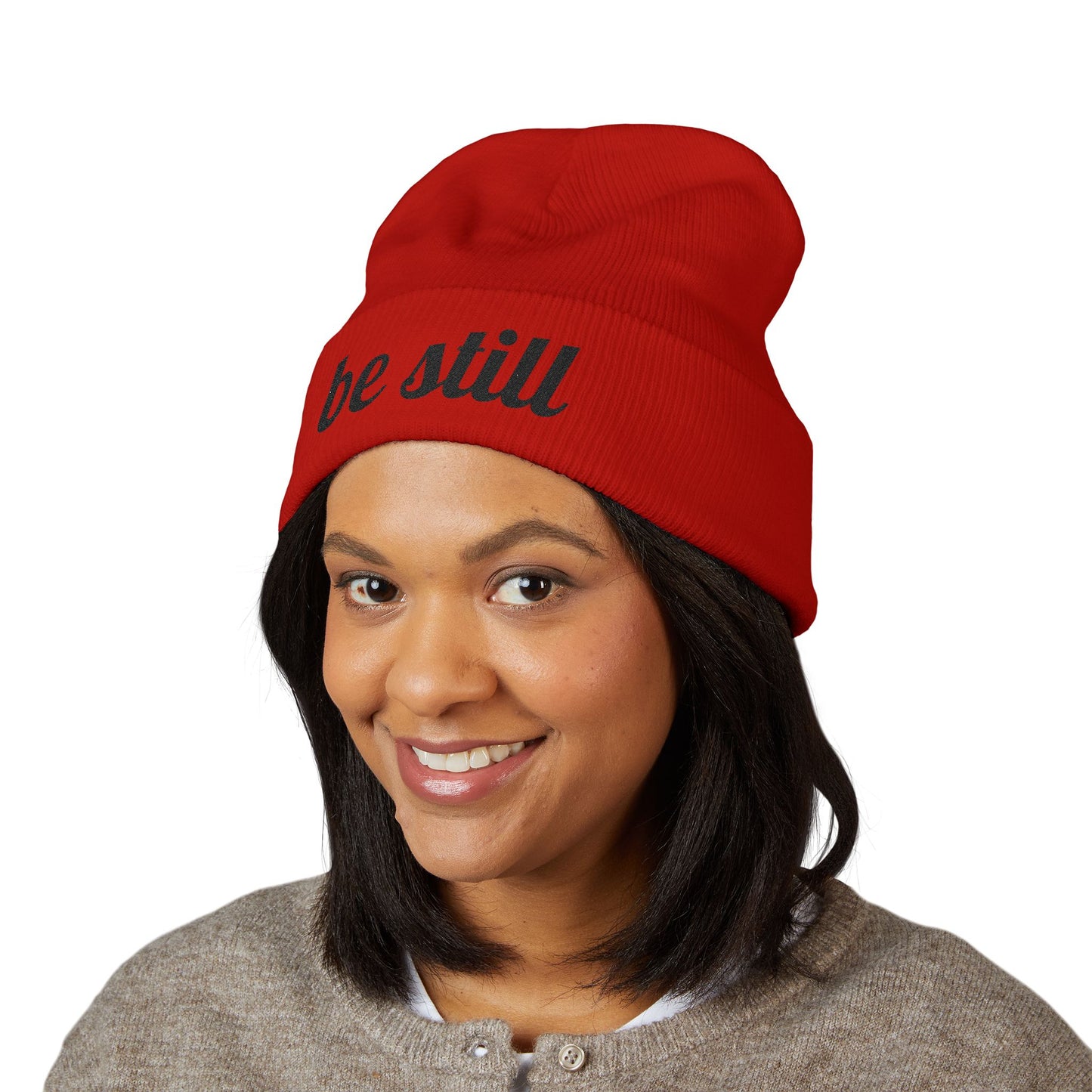 Be Still Embroidered Beanie – Minimalist Faith-Inspired Cuffed Knit Hat for Women & Men