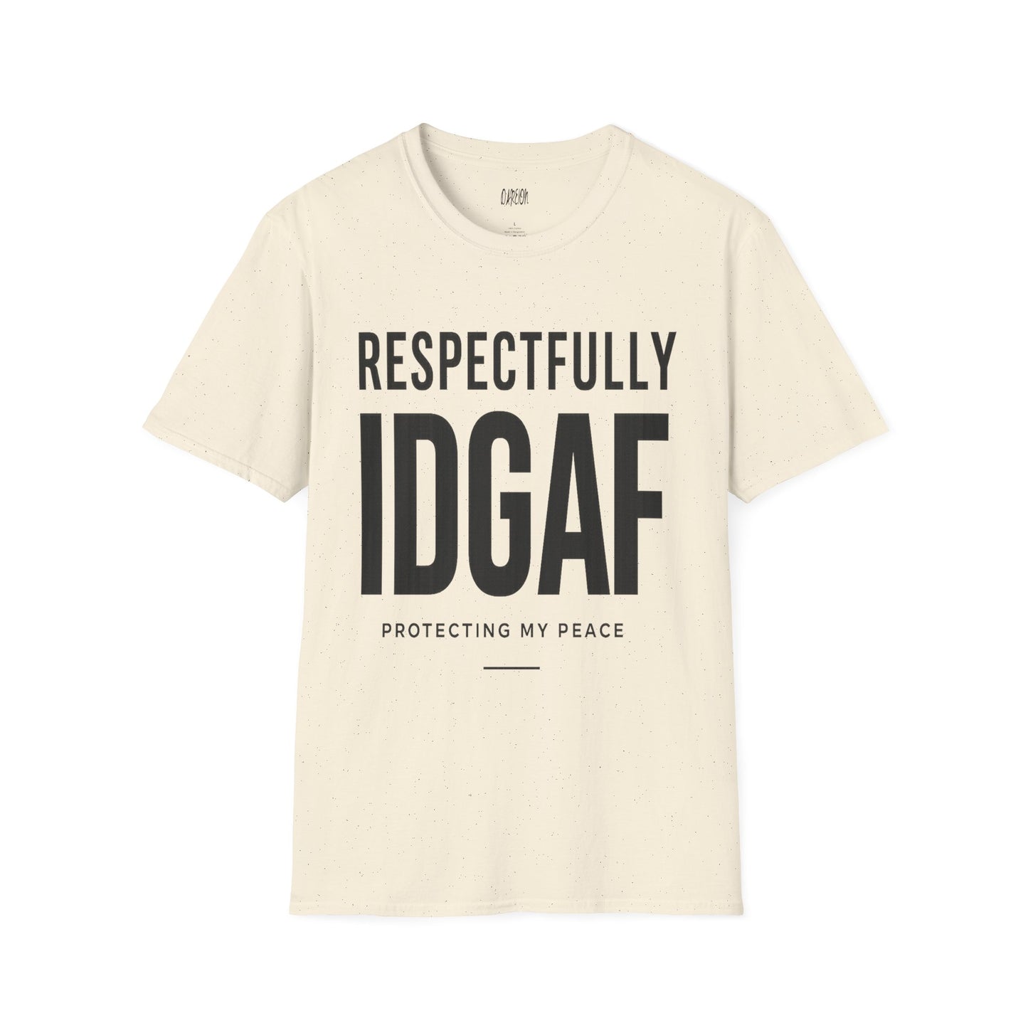 Beige t-shirt with black text on a white background