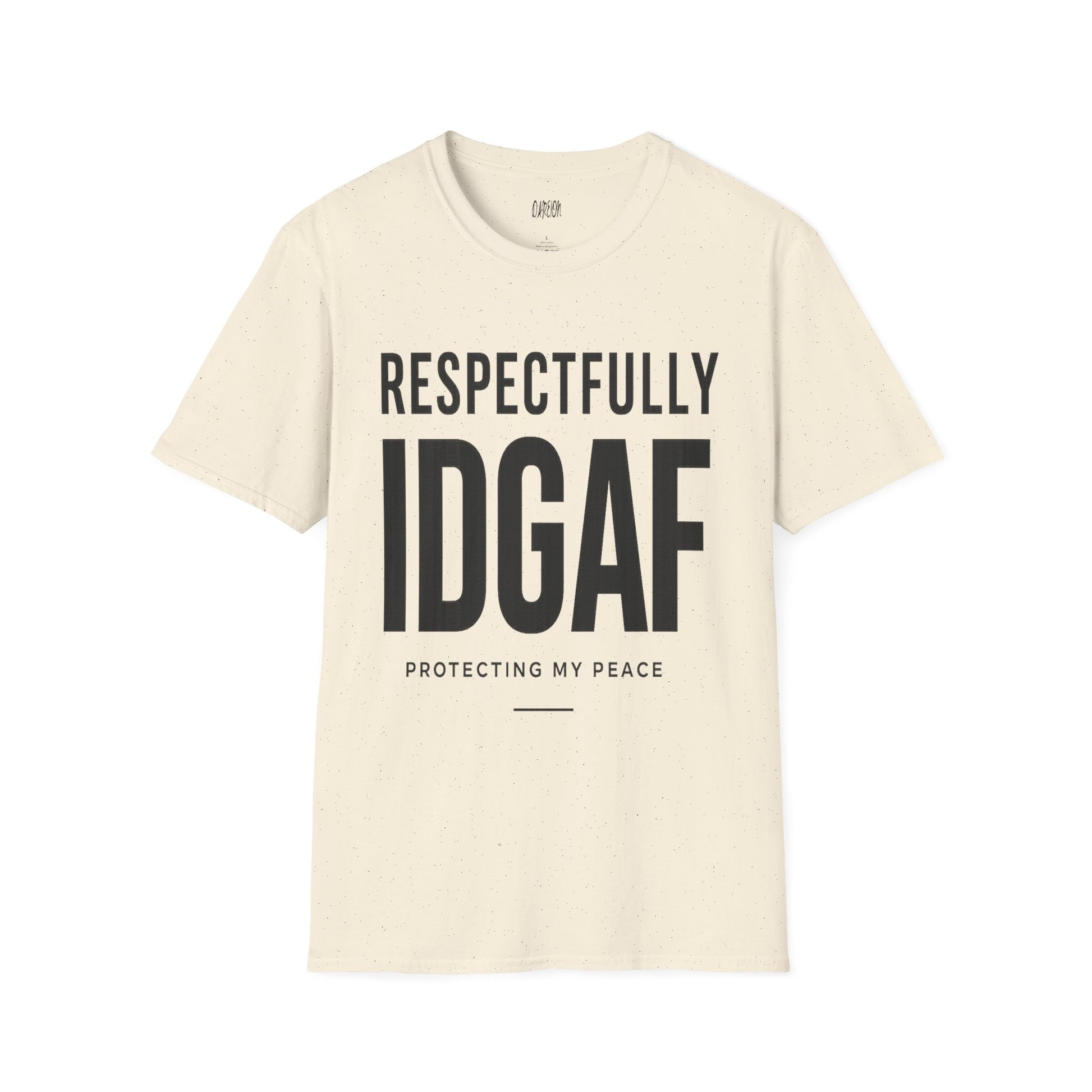 Beige t-shirt with black text on a white background
