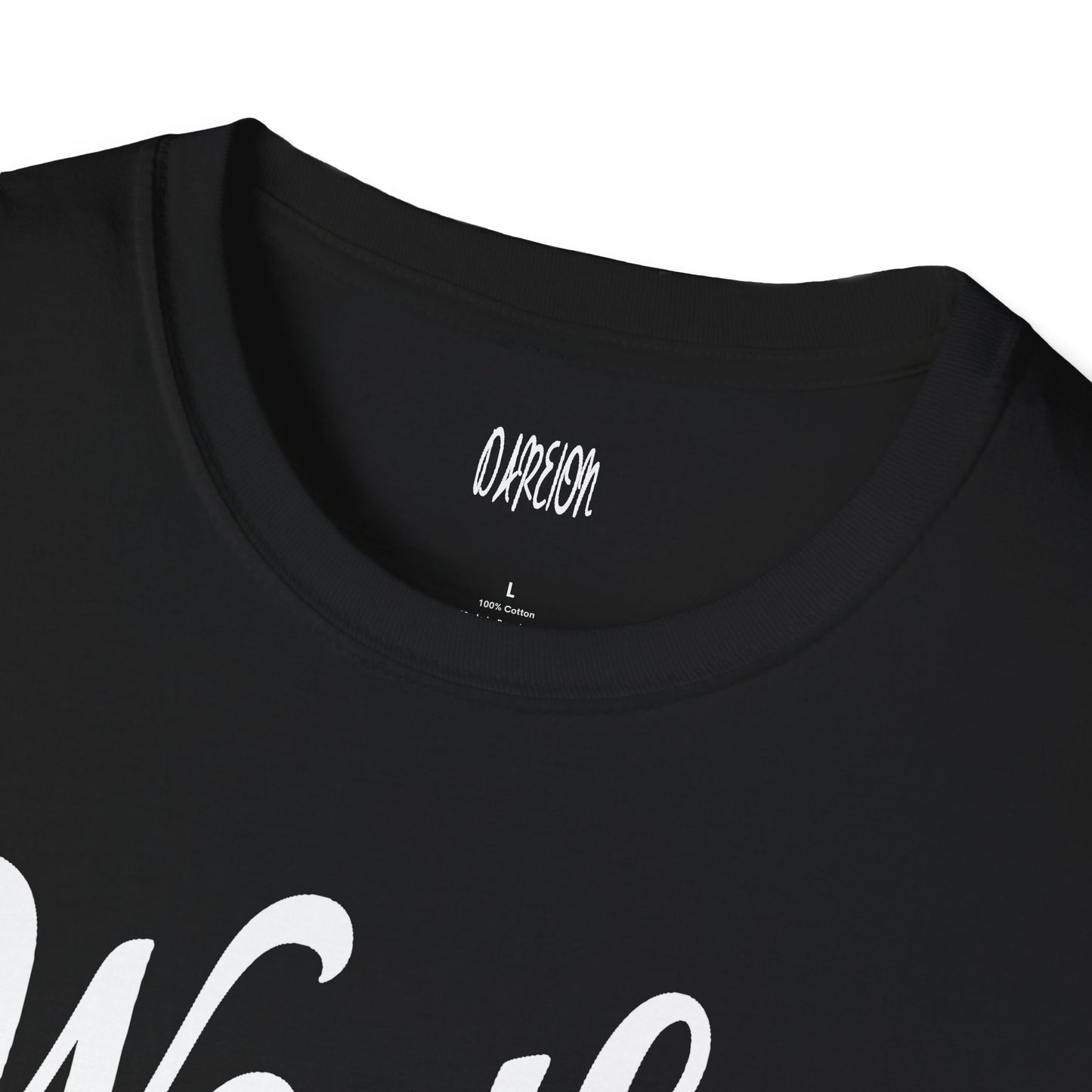 Black t-shirt with white text and a brand logo on a white background