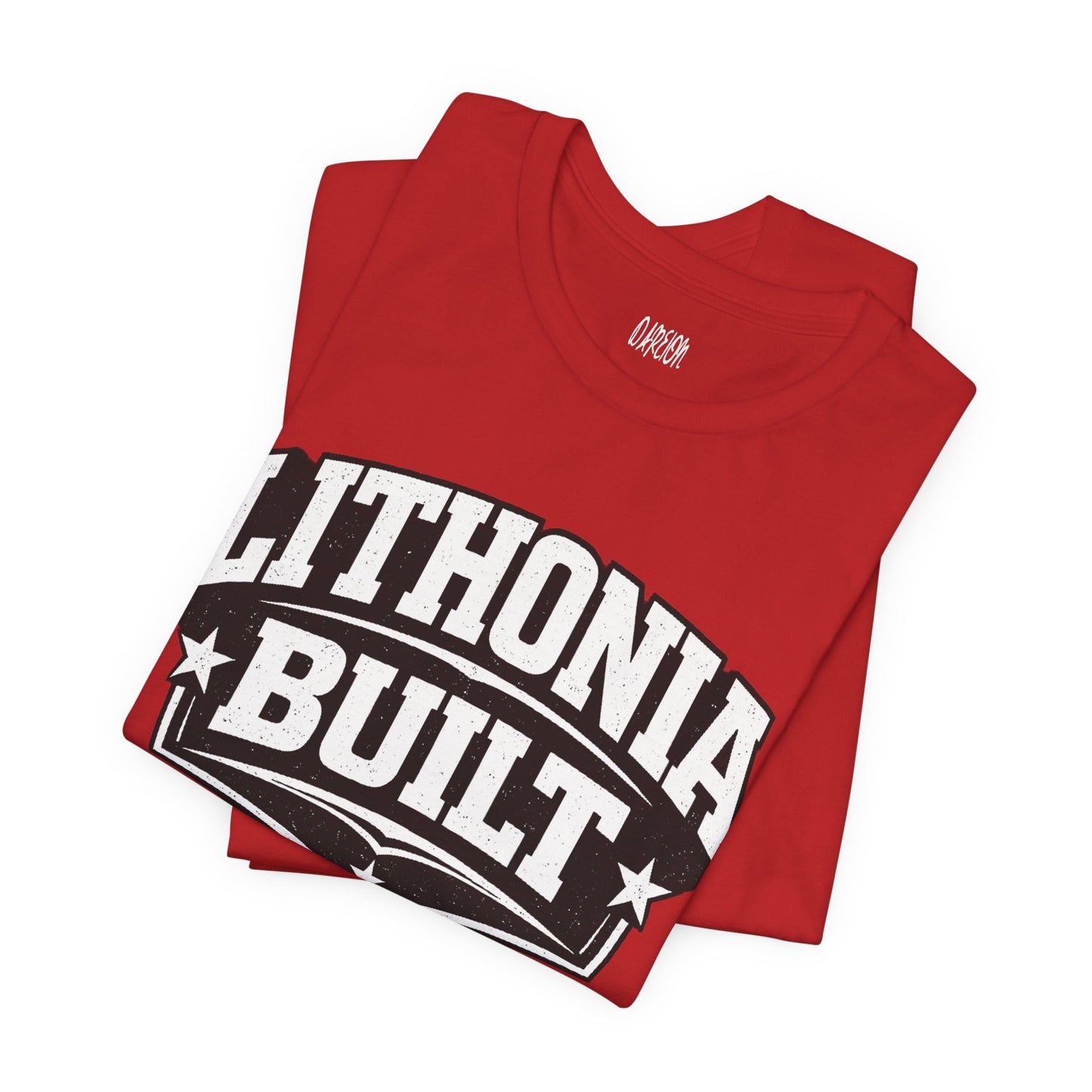 Red t-shirt with 'Lithonia Built' text on a white background