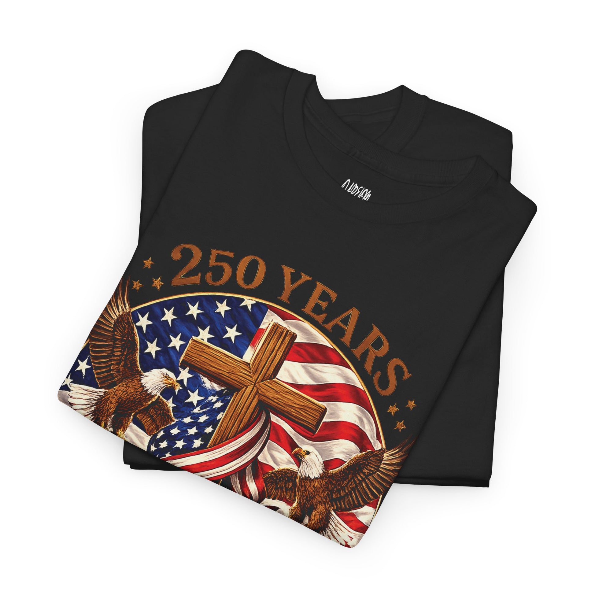 Black t-shirt with '250 Years' design featuring American flag and eagle on a white background