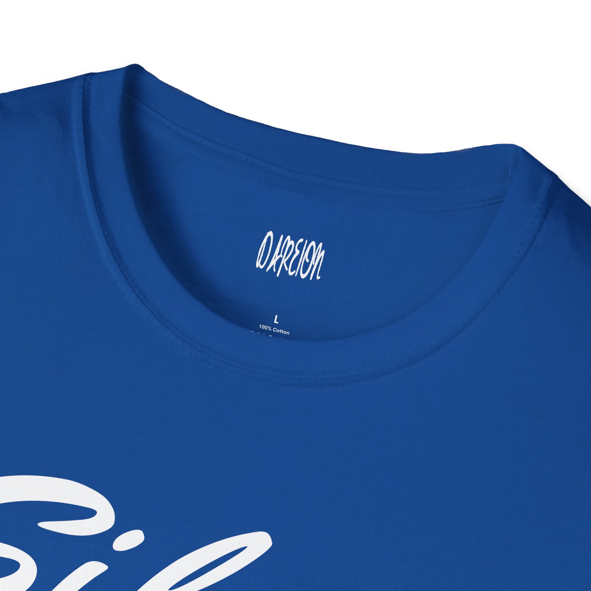 Close-up of a blue t-shirt with white text on a white background