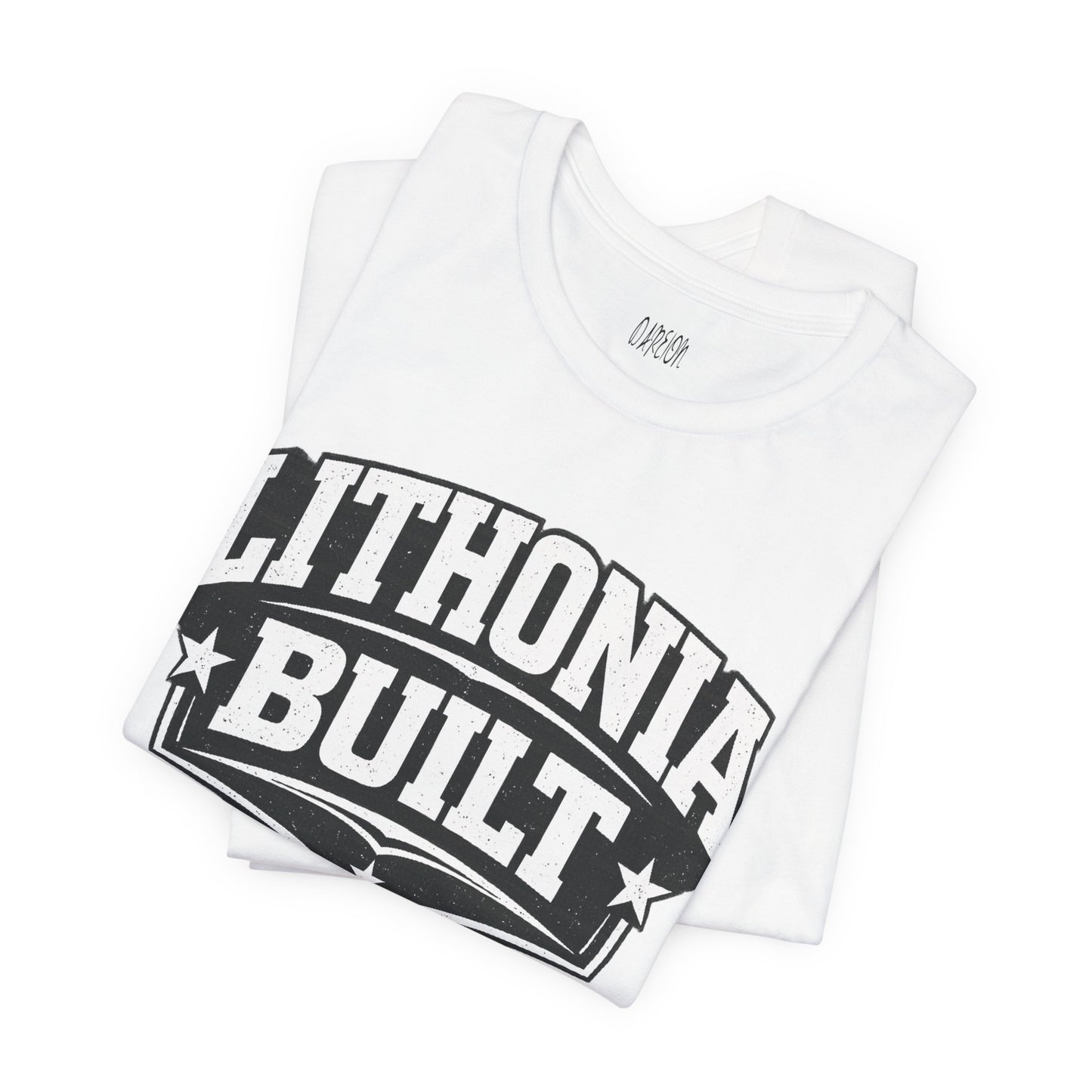 White t-shirt with 'Lithonia Built' text on a white background