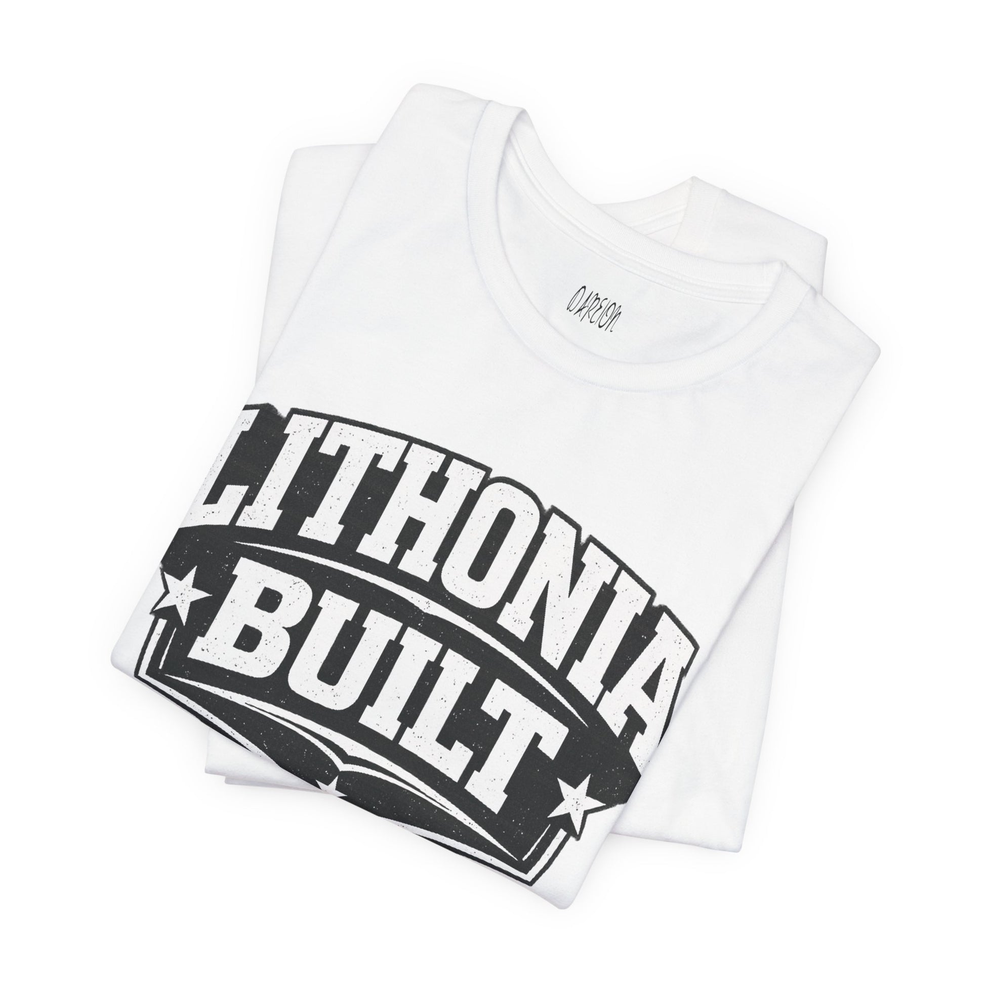 White t-shirt with 'Lithonia Built' text on a white background