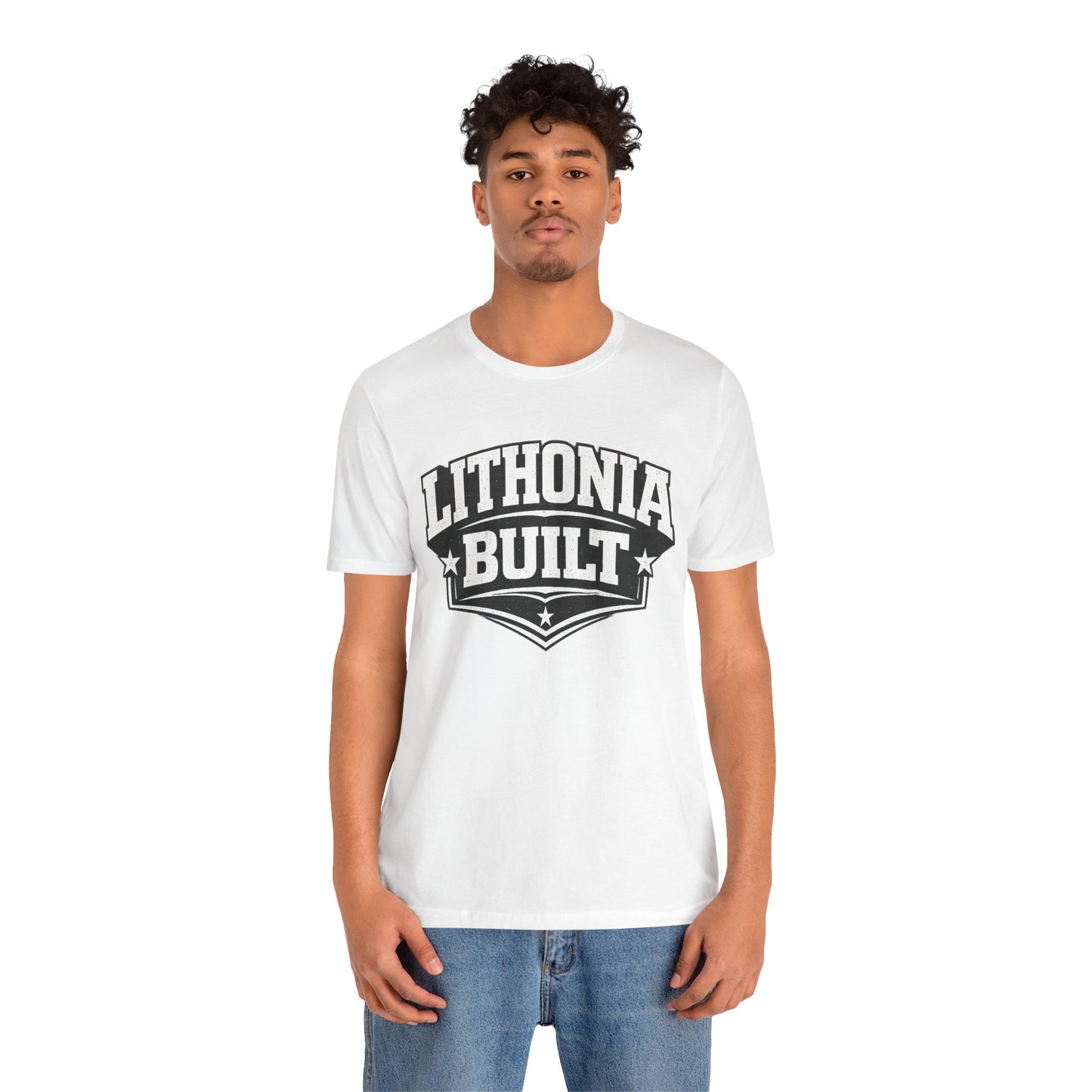 Person wearing a white t-shirt with 'Lithonia Built' text on a white background