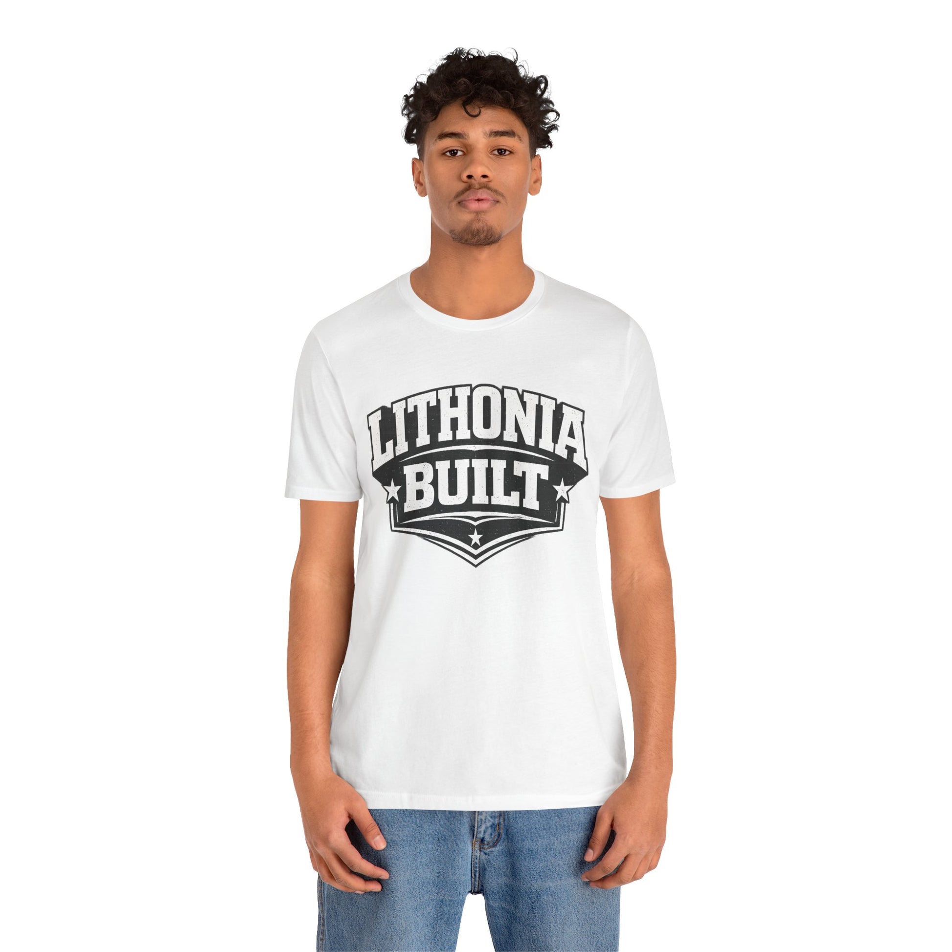 Person wearing a white t-shirt with 'Lithonia Built' text on a white background