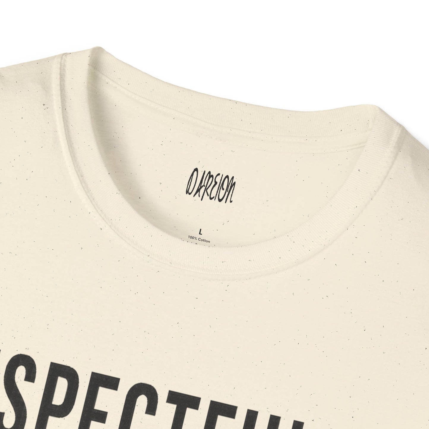 Close-up of a beige t-shirt with text and a brand logo on a white background