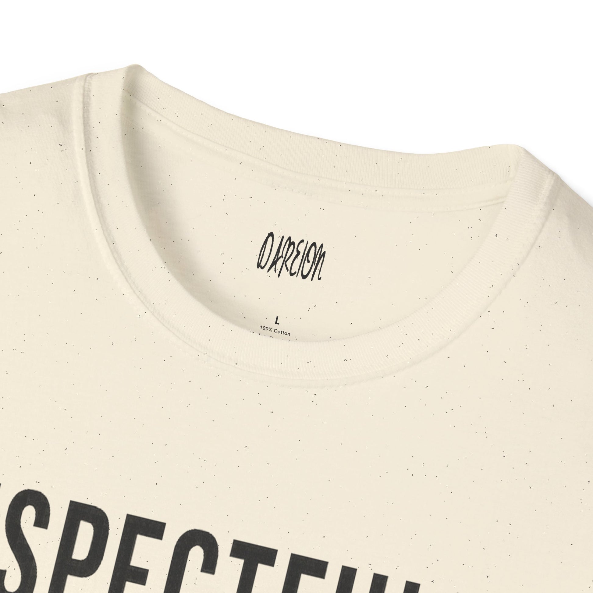 Close-up of a beige t-shirt with text and a brand logo on a white background