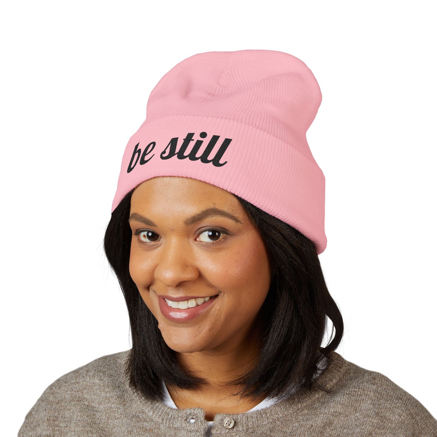 Be Still Embroidered Beanie – Minimalist Faith-Inspired Cuffed Knit Hat for Women & Men